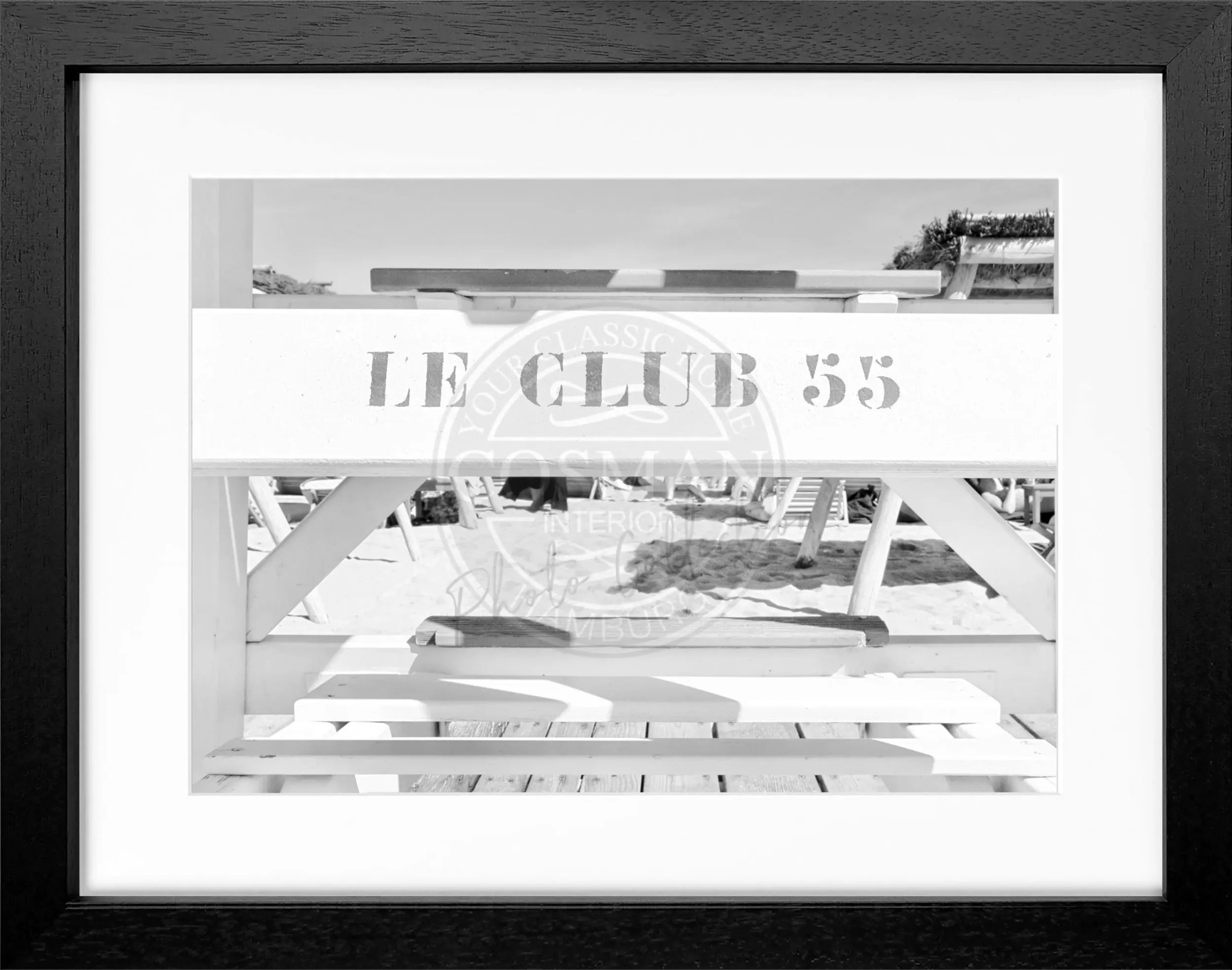 Schwarz-weiß Poster mit Rahmen von Cosman-Photocollection, Motiv ’Le Club 55’ in Saint Tropez, 31x25 cm.