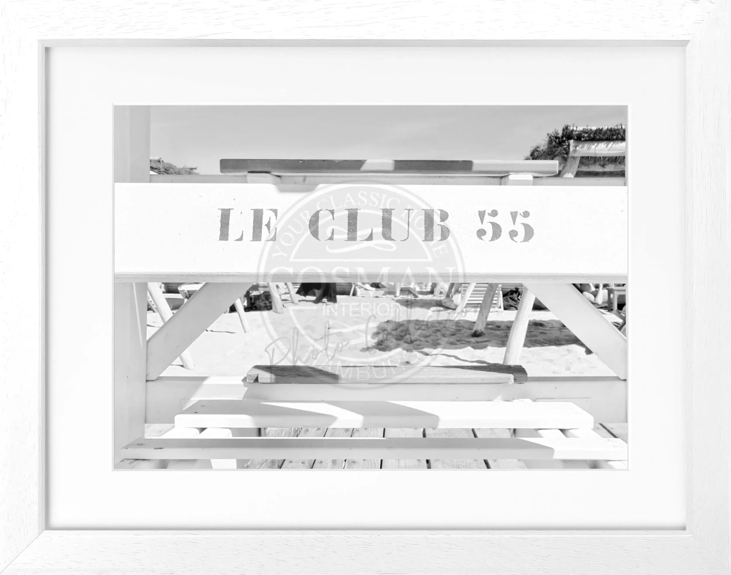 Schwarz-weiß Poster mit Rahmen ’Le Club 55’ Saint Tropez von Cosman-Photocollection, 31x25cm, stilvolle Wanddekoration