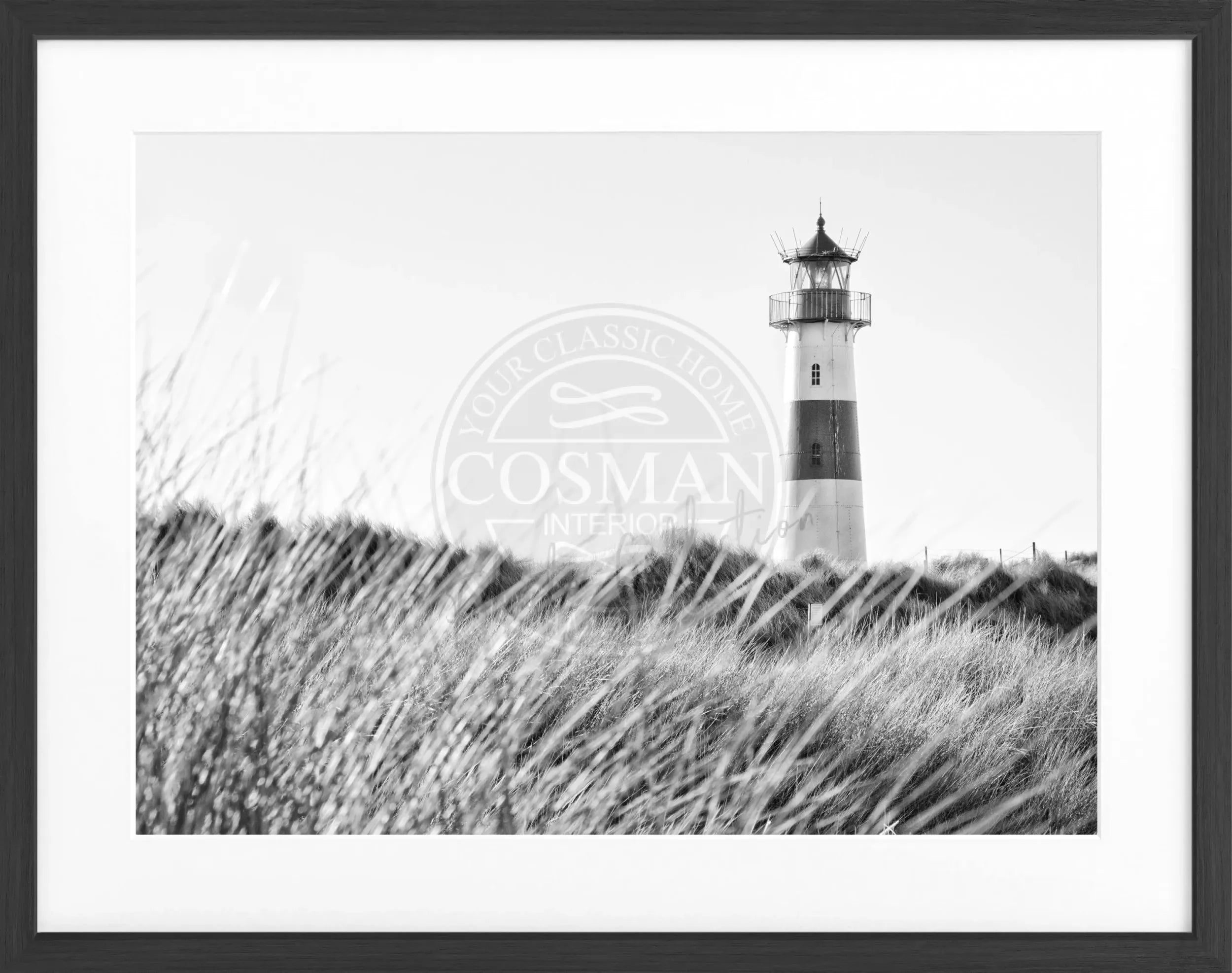 Schwarz-weiß Poster mit Rahmen von Cosman-Photocollection, Leuchtturm Sylt SY71, 31x25cm, Fotokunst von Sylt.