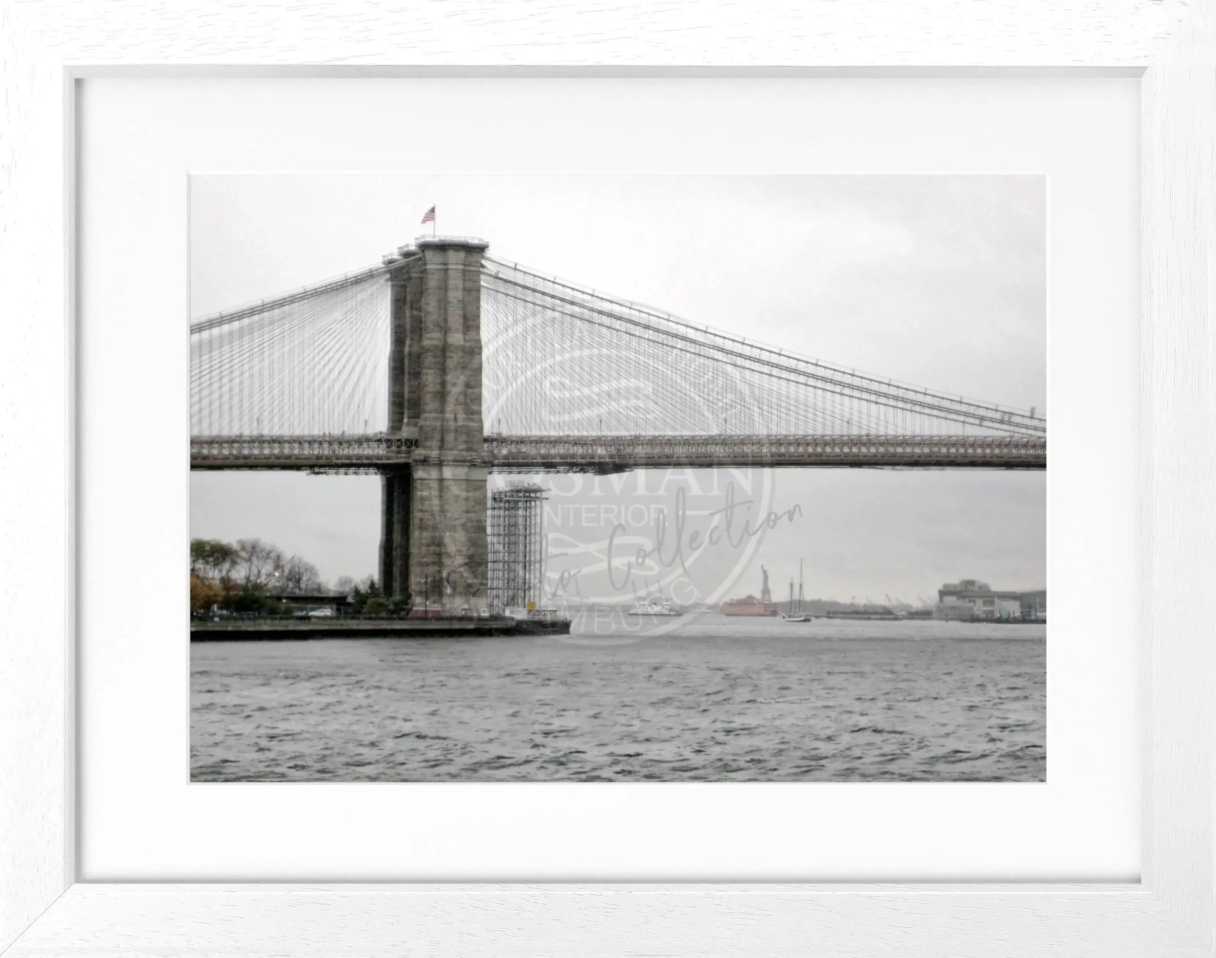 Schwarz-weiß Poster mit Rahmen, zeigt die Brooklyn Bridge in New York, von Cosman-Photocollection, 31x25cm, Wanddekoration
