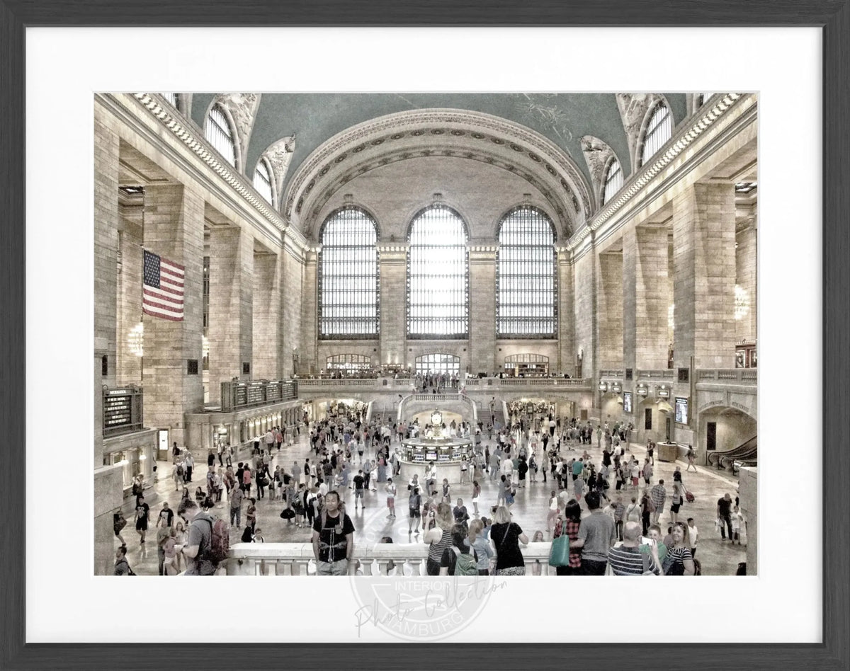 Schwarz-weiß Poster mit Rahmen von Cosman-Photocollection, New York Central Station, 31x25 cm, Kunstfoto im Vintage-Stil