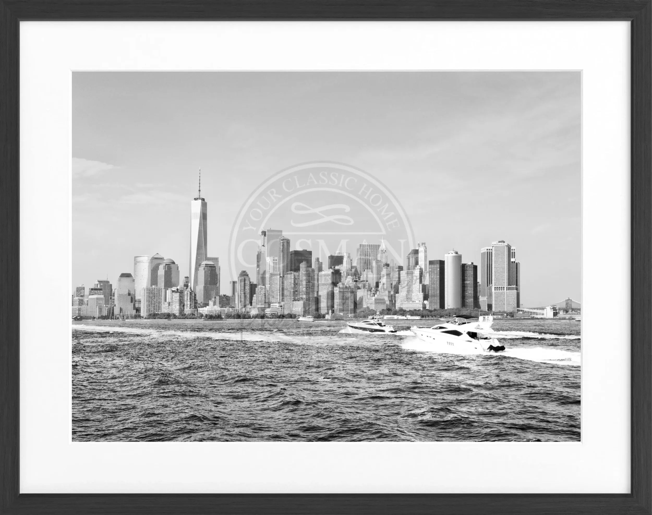 Schwarz-weiß Poster mit Rahmen, zeigt die Skyline von New York, von Cosman-Photocollection, ca. 31x25 cm