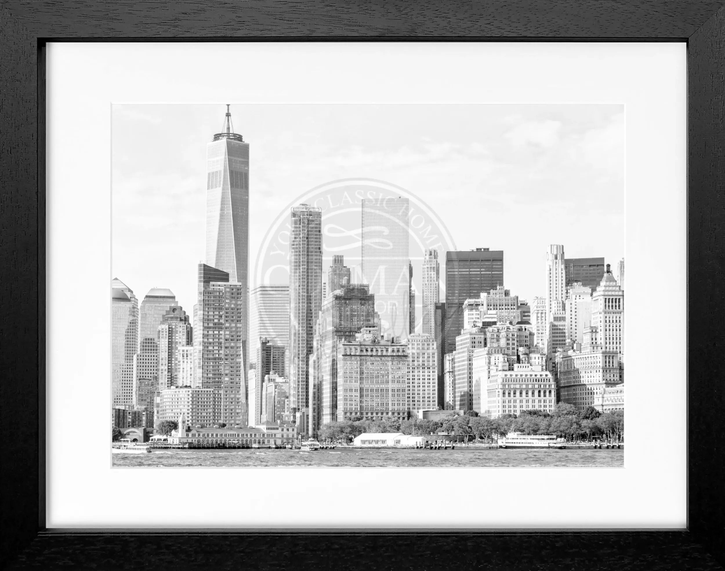 Schwarz-weiß Poster mit Rahmen, New York Skyline Motiv, 31x25cm, von Cosman-Photocollection, urbanes Stadtbild.