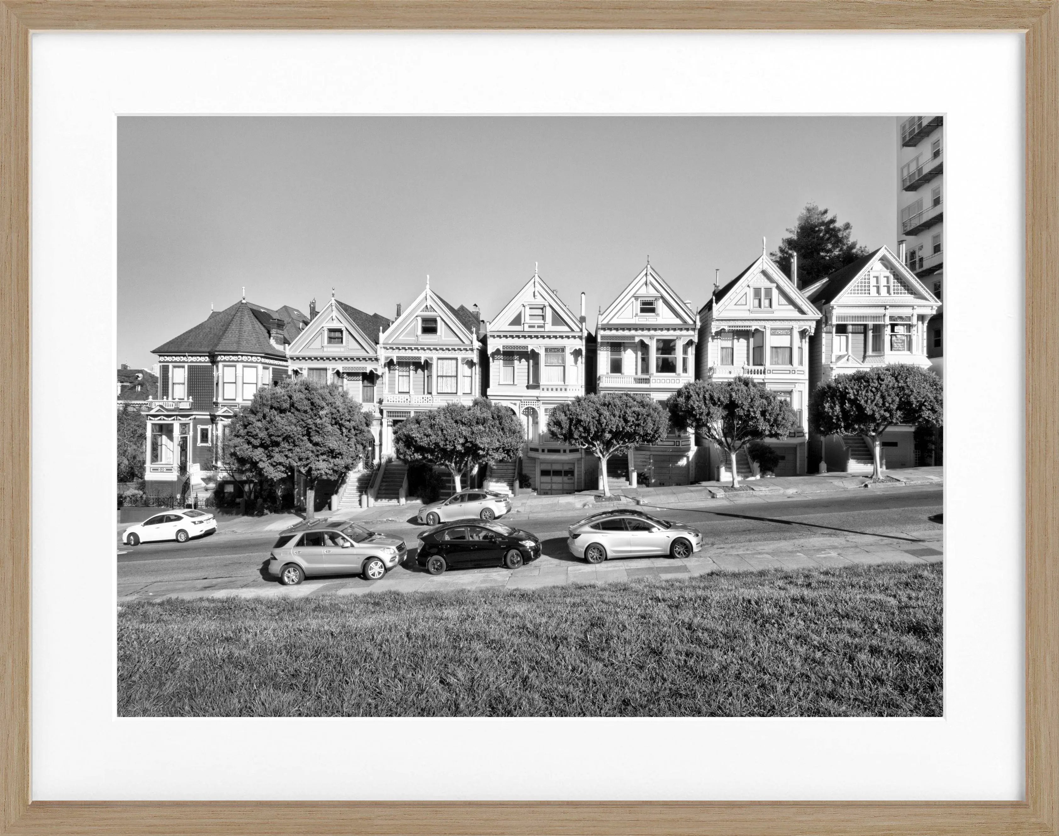 Schwarz-weiß Poster mit Rahmen ‚Painted Ladies‘ San Francisco, von Cosman-Photocollection, 31x25 cm, dekoratives Wandbild