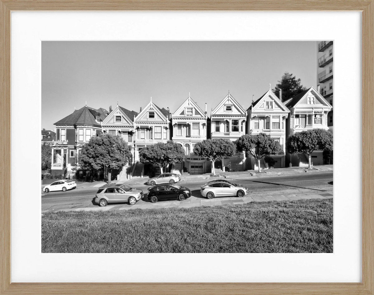 Schwarz-weiß Poster mit Rahmen ‚Painted Ladies‘ San Francisco, von Cosman-Photocollection, 31x25 cm, dekoratives Wandbild