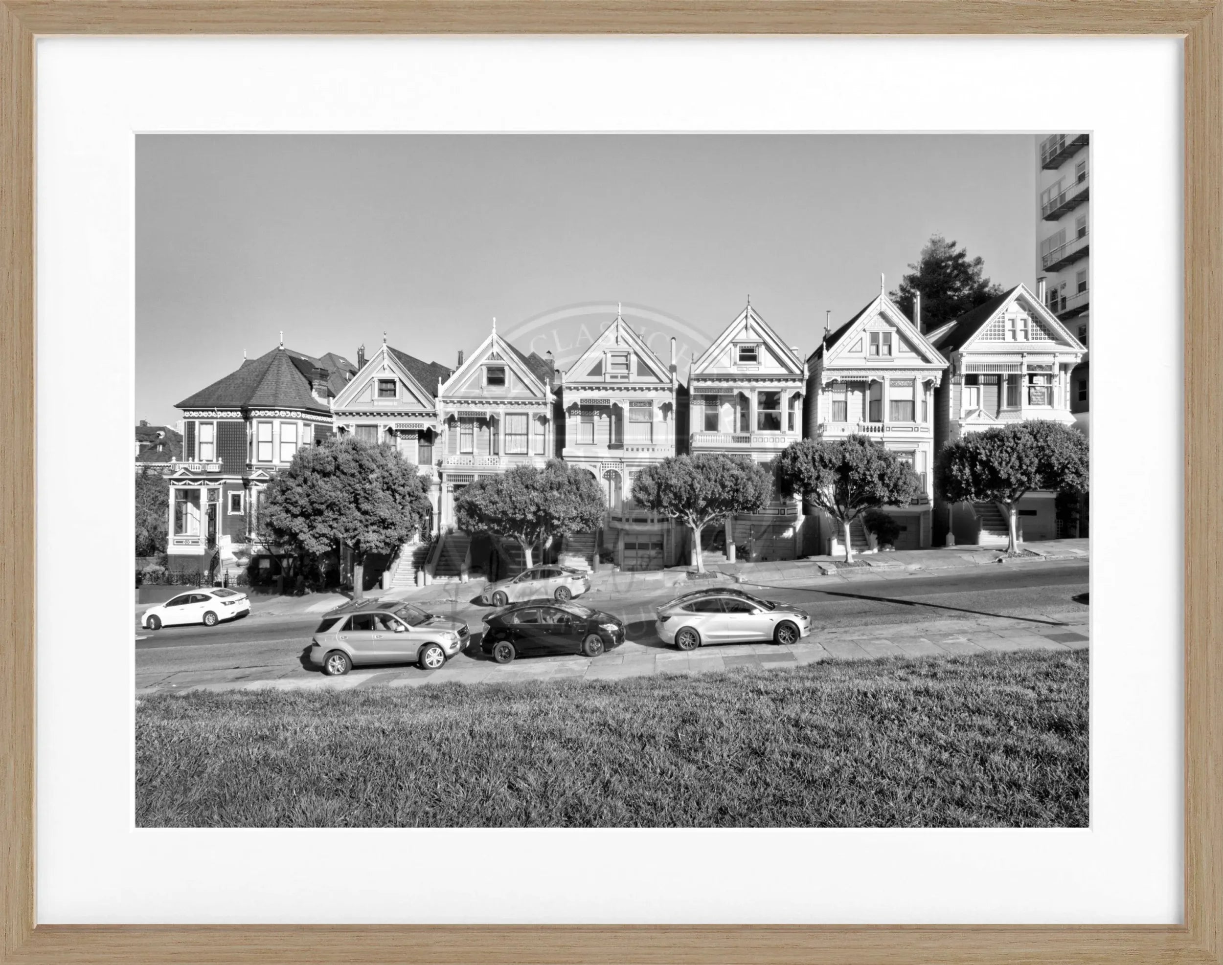 Schwarz-weiß Poster mit Rahmen ‚Painted Ladies‘ San Francisco, von Cosman-Photocollection, 31x25 cm, dekoratives Wandbild