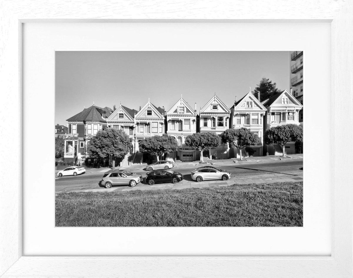 Schwarz-weiß Poster mit Rahmen von Cosman-Photocollection, Motiv der Painted Ladies in San Francisco, 31x25 cm