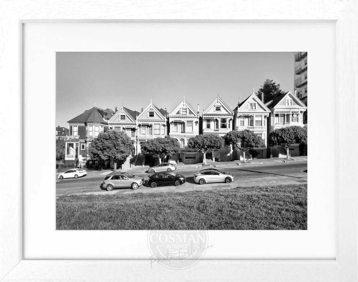 Schwarz-weiß Poster mit Rahmen von Cosman-Photocollection, Motiv der Painted Ladies in San Francisco, 31x25 cm