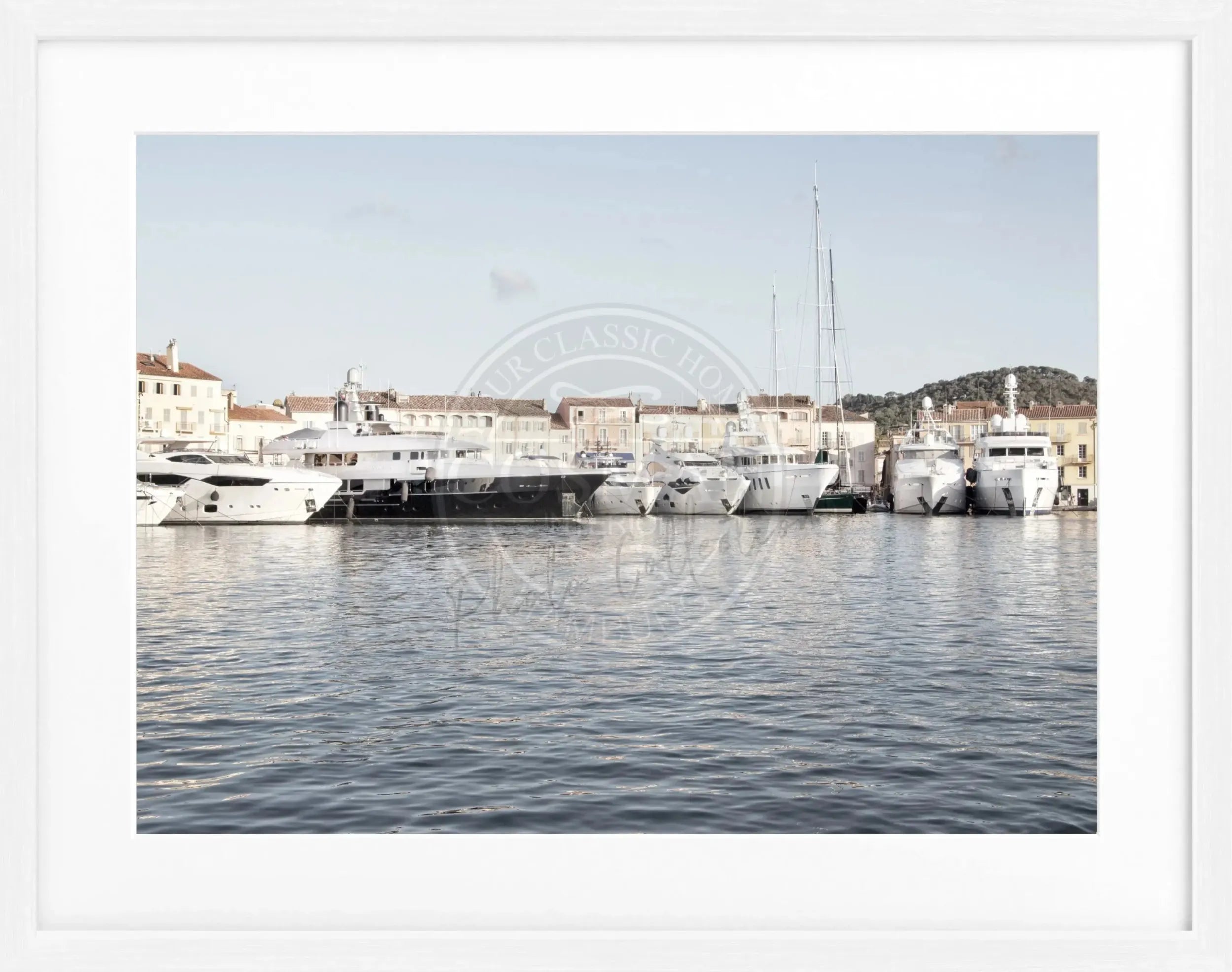 Schwarz-weiß Poster mit Rahmen, Saint Tropez Hafen Motiv, 31x25cm, von Cosman-Photocollection, Wanddekoration für Wohnzimmer