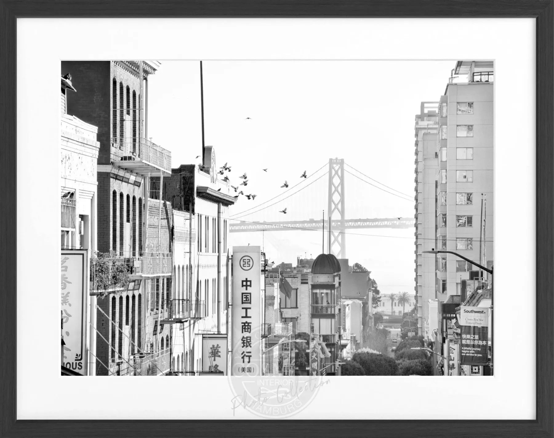 Schwarz-weiß Poster mit Rahmen von San Francisco Bay Bridge, 31x25cm, von Cosman-Photocollection, Wanddekoration mit Skyline-Motiv