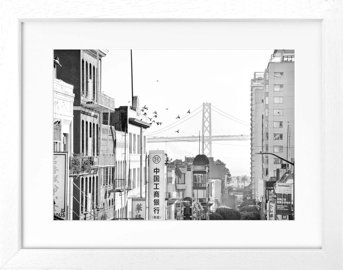 Schwarz-weiß Poster mit Rahmen von Cosman-Photocollection, San Francisco Bay Bridge Motiv, 31x25cm, Wanddekoration