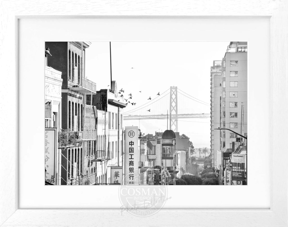 Schwarz-weiß Poster mit Rahmen von Cosman-Photocollection, San Francisco Bay Bridge Motiv, 31x25cm, Wanddekoration
