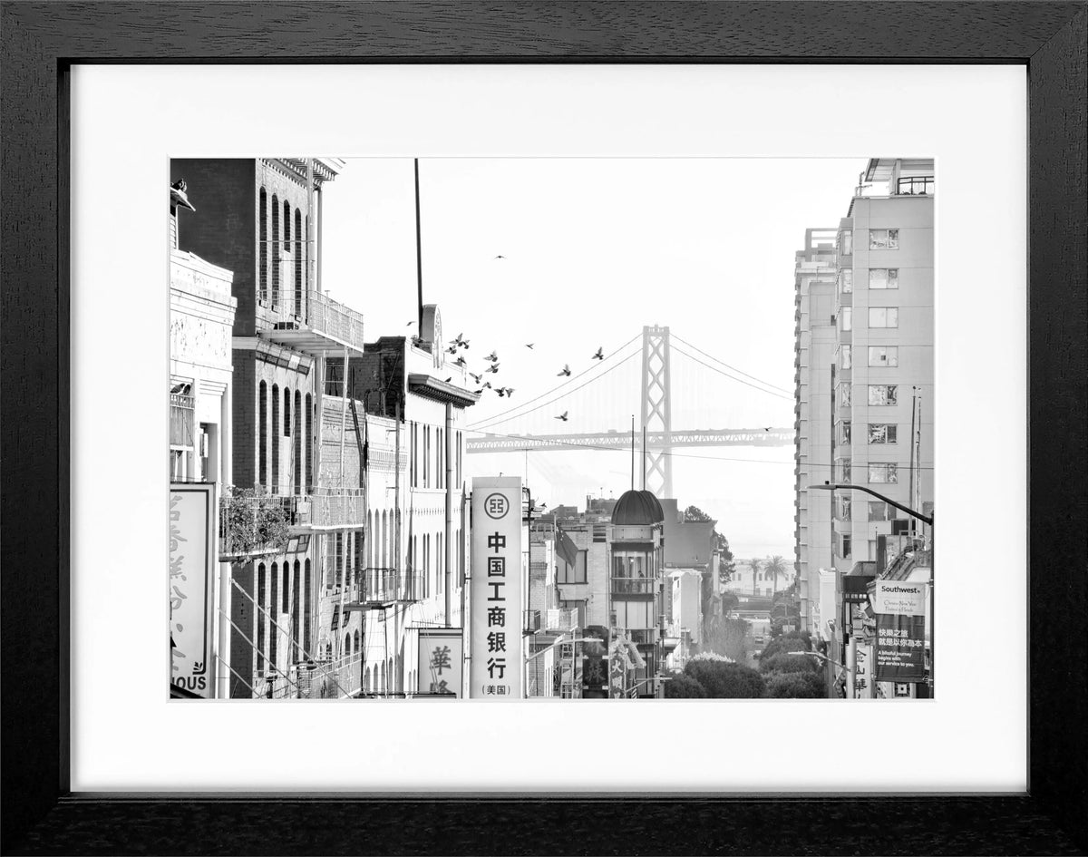 Schwarz-weiß Poster mit Rahmen von Cosman-Photocollection, San Francisco Bay Bridge, 31x25cm, stilvolle Wanddekoration