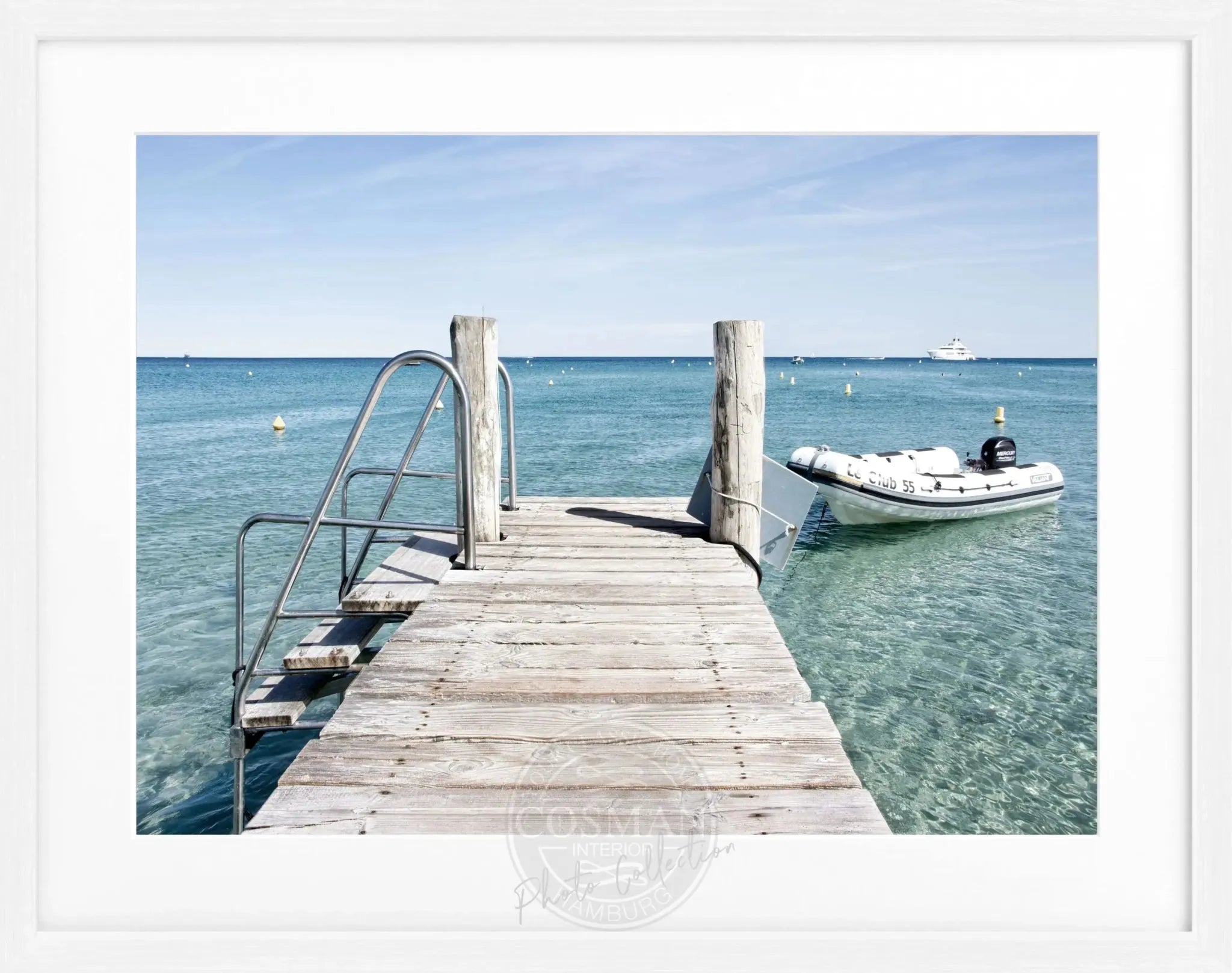 Schwarz-weiß Poster mit Rahmen ’Steg’ Saint Tropez ST23 von Cosman-Photocollection, 31x25cm, Wanddekoration mit Meeresmotiv
