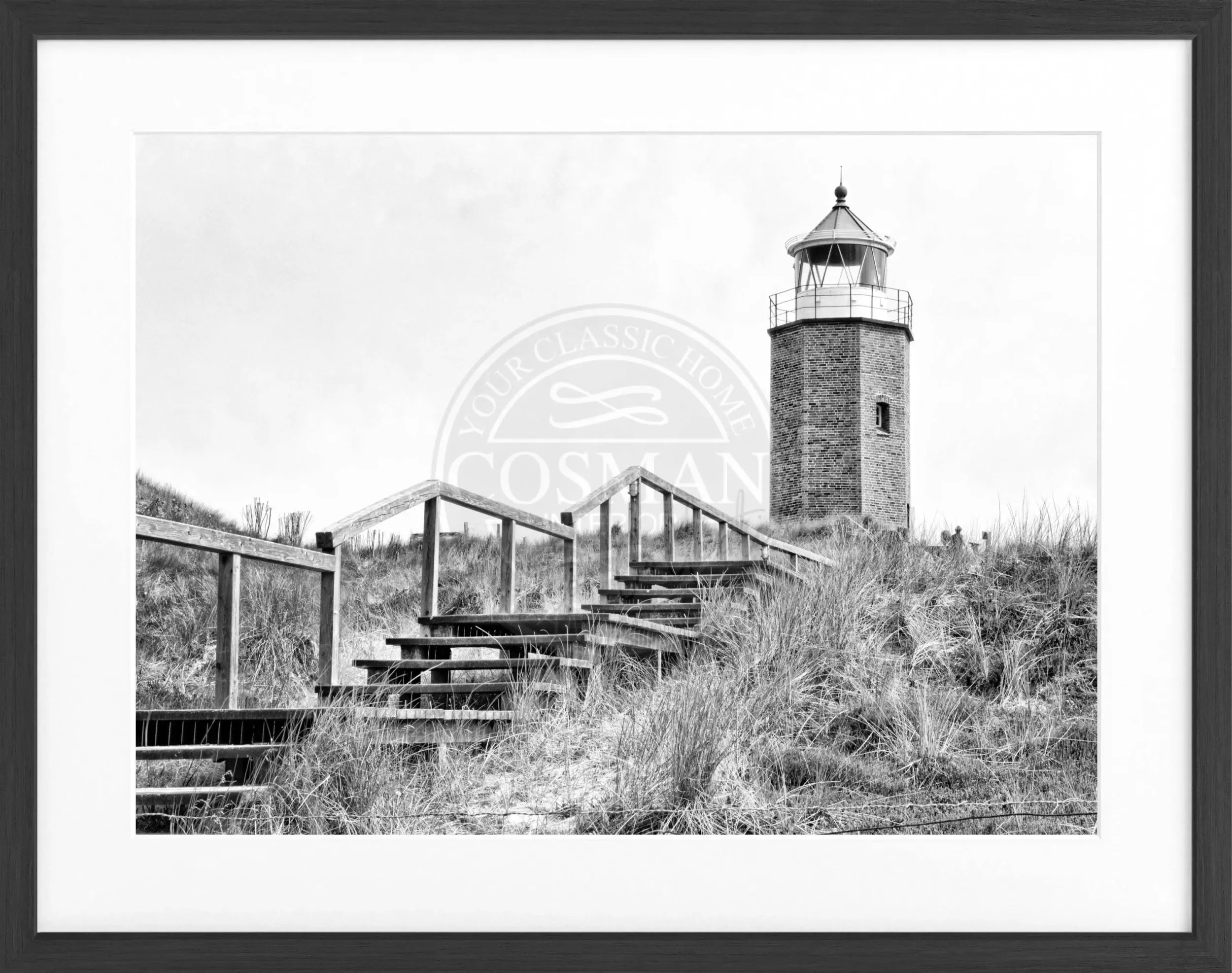 Schwarz-weiß Poster mit Rahmen von Cosman-Photocollection, Leuchtturm Kampen Sylt, 31x25cm, Motiv an der Nordsee