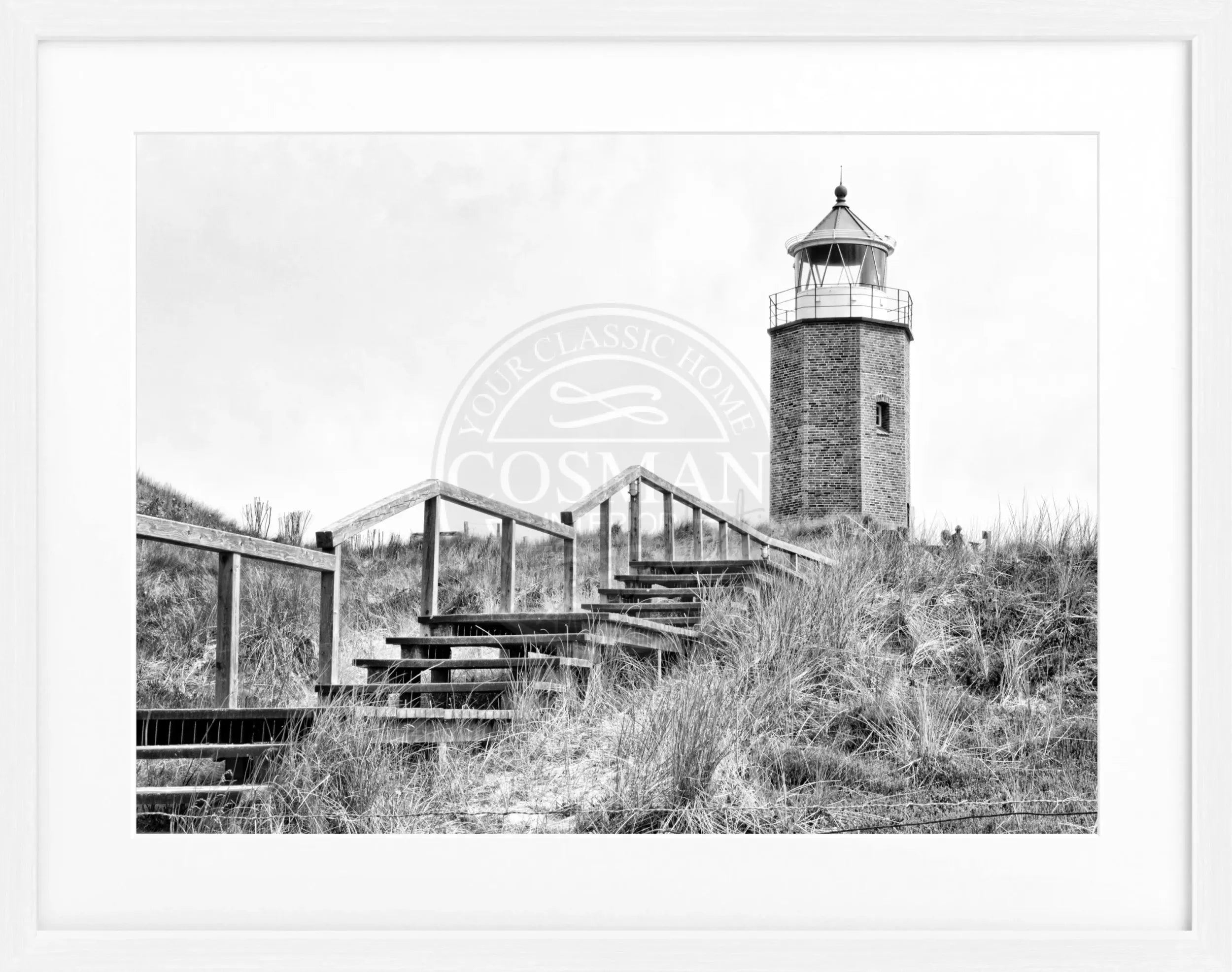 Schwarz-weiß Poster mit Rahmen von Sylt Leuchtturm Kampen, 31x25cm, von Cosman-Photocollection, ideal für Wanddekoration.