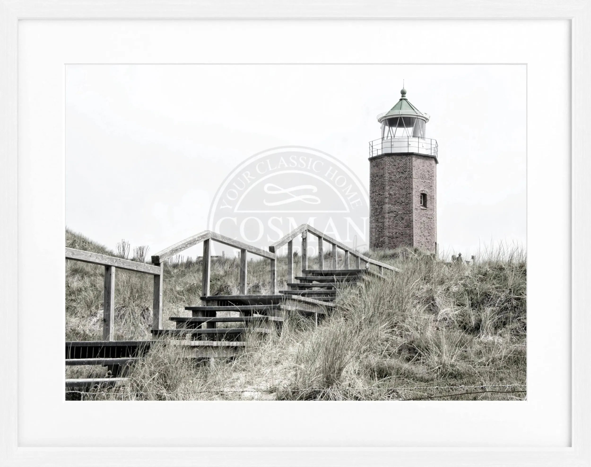 Schwarz-weiß Poster mit Rahmen, Sylt Leuchtturm Kampen, von Cosman-Photocollection, 31x25 cm, Wanddekoration, Fotografie