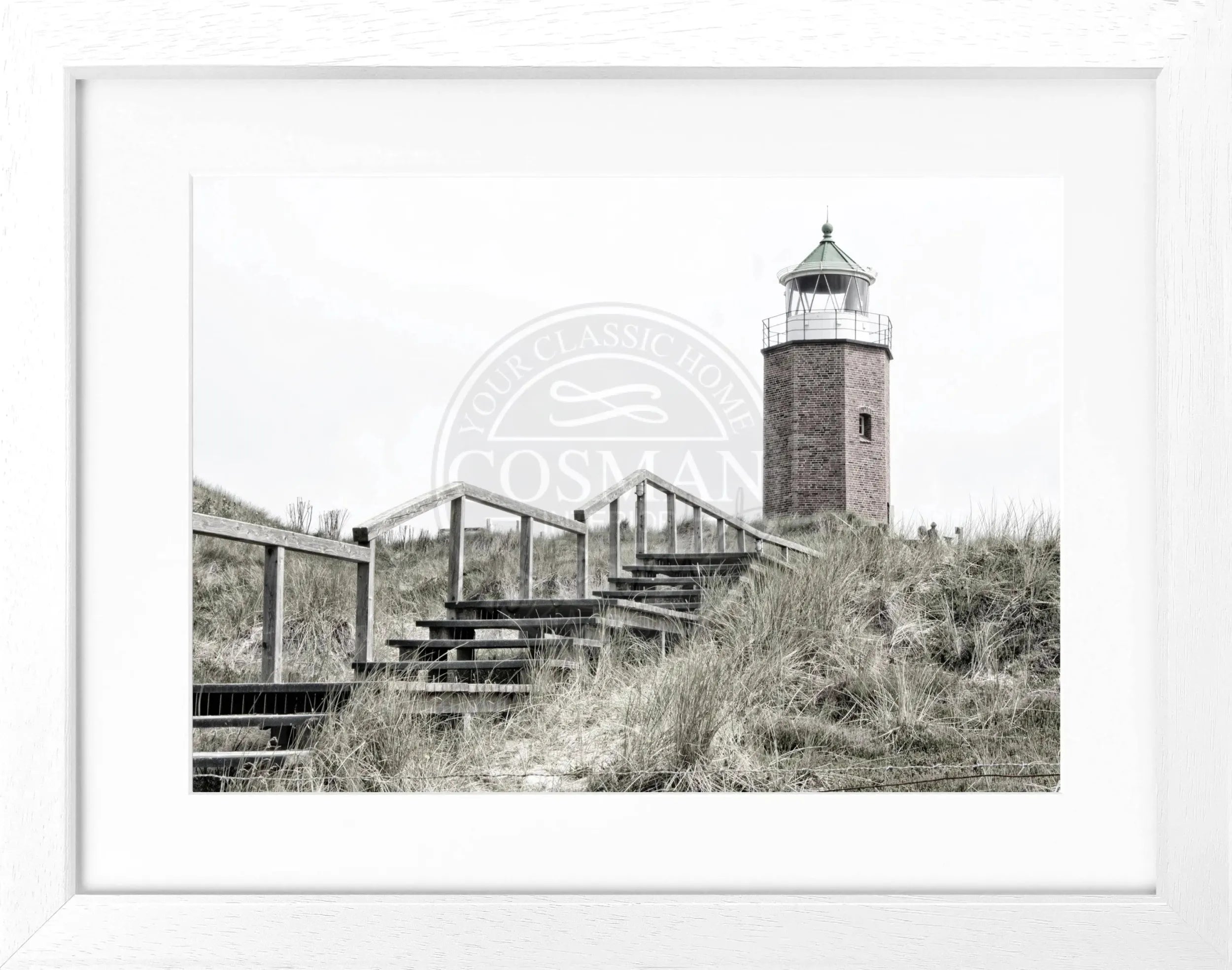 Schwarz-weiß Poster mit Rahmen von Cosman-Photocollection, Leuchtturm Kampen Sylt, 31x25 cm, elegante Wanddekoration