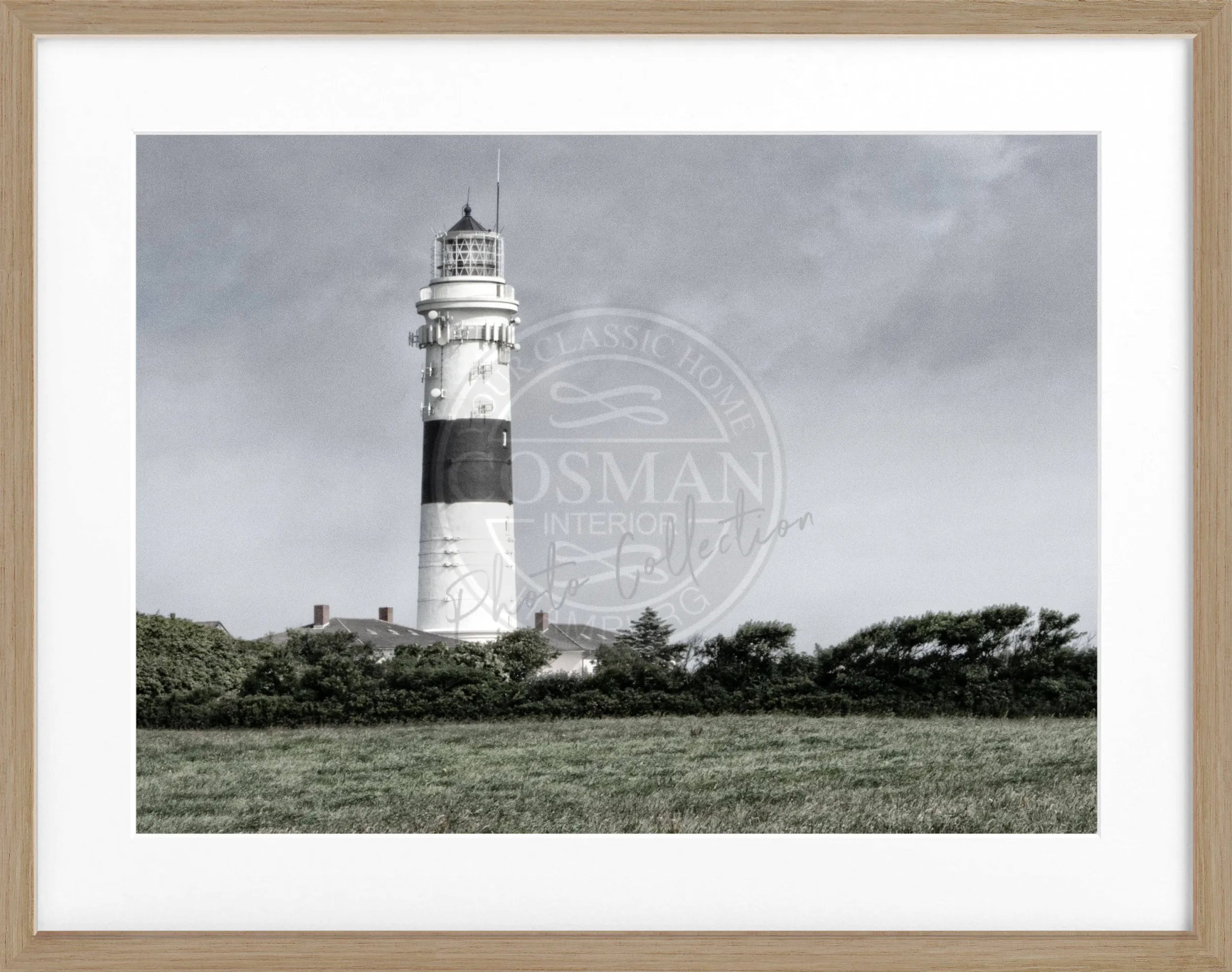 Schwarz-weiΓ Poster mit Rahmen von Cosman-Photocollection, Leuchtturm Kampen Sylt, 31cm x 25cm, dekoratives Wandbild
