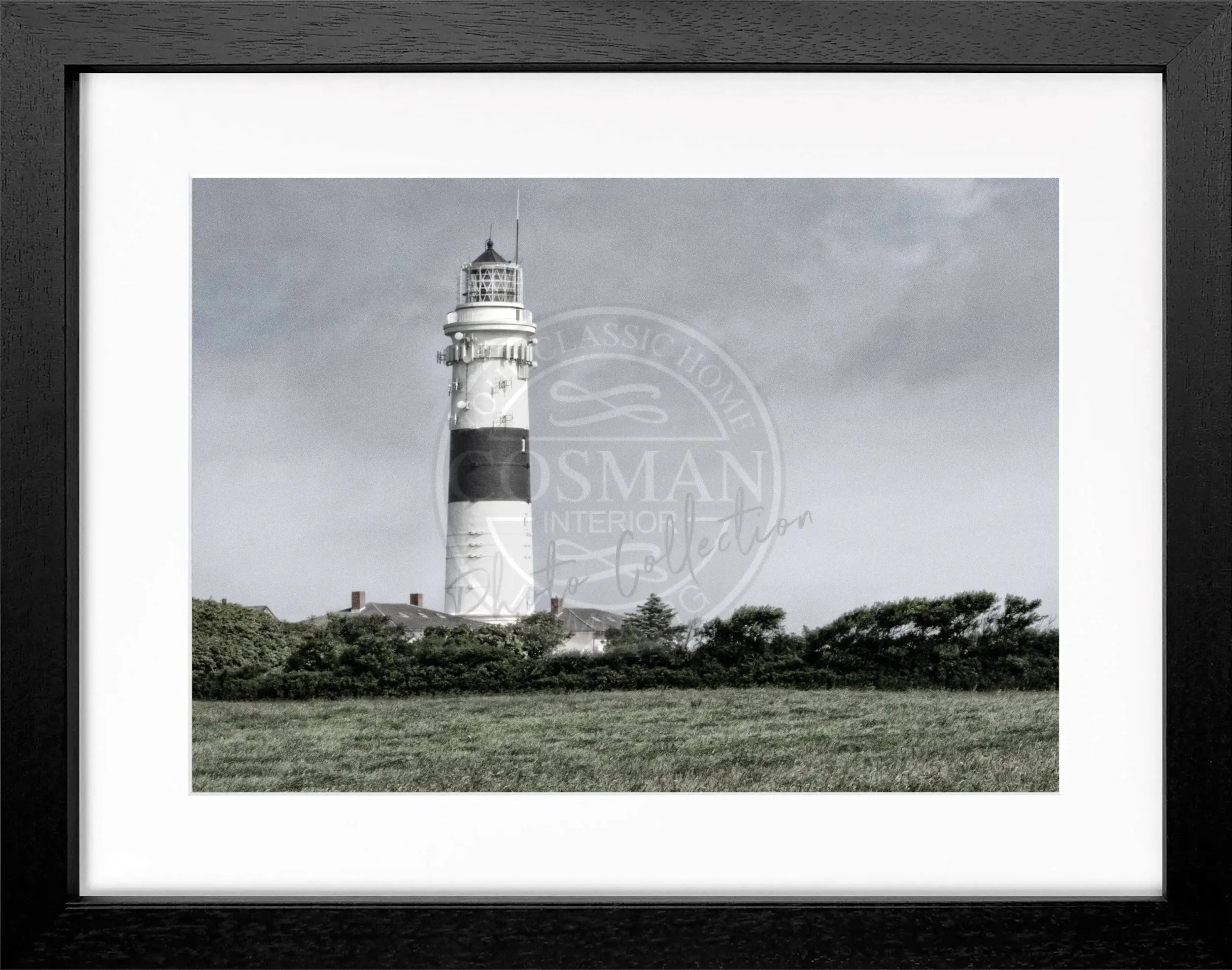 Schwarz-weiΓ Poster mit Rahmen von Sylt Leuchtturm Kampen, Motiv, 31x25 cm, von Cosman-Photocollection