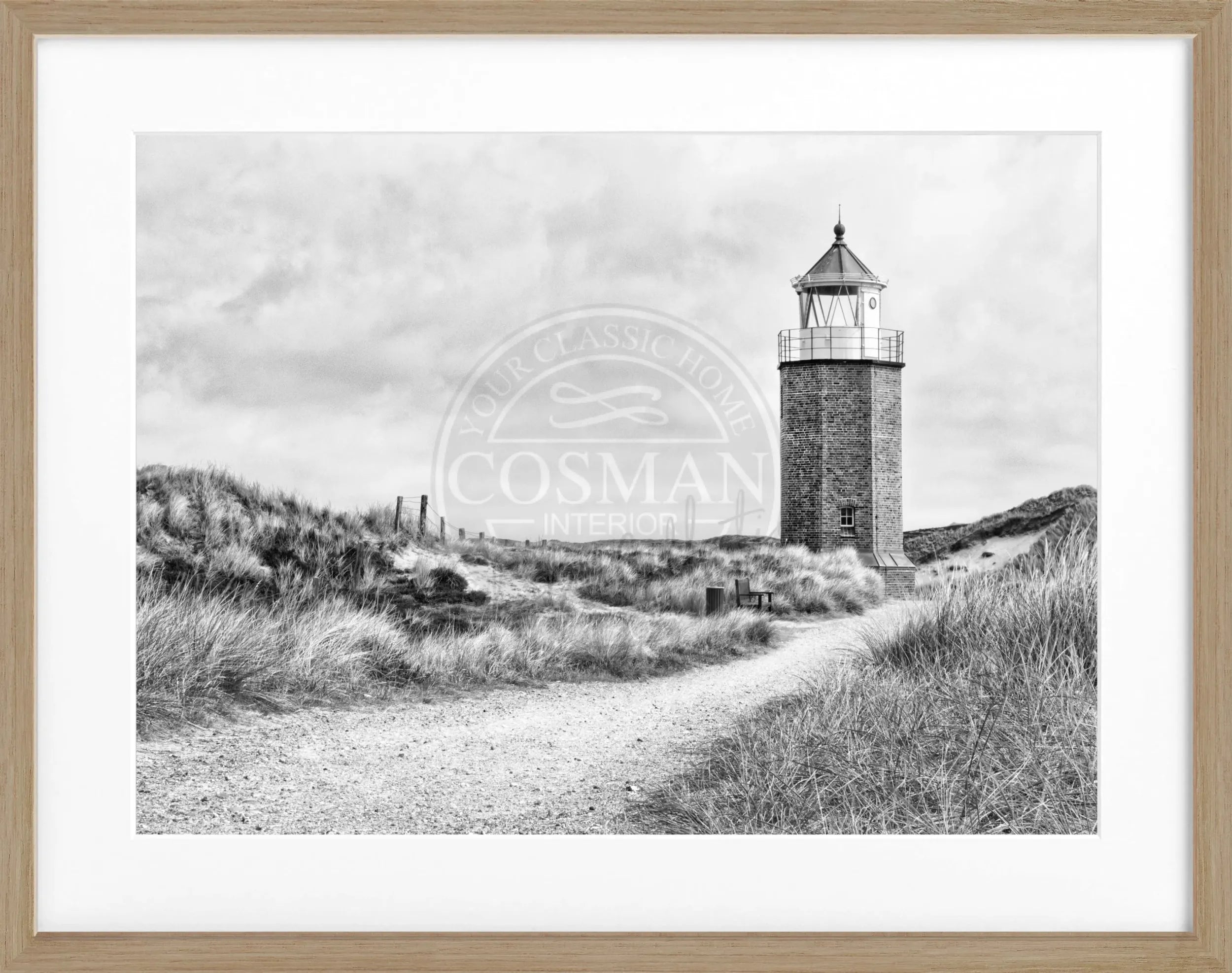 Schwarz-weiß Poster mit Rahmen, zeigt den Leuchtturm am Roten Kliff auf Sylt, von Cosman-Photocollection, 31x25 cm