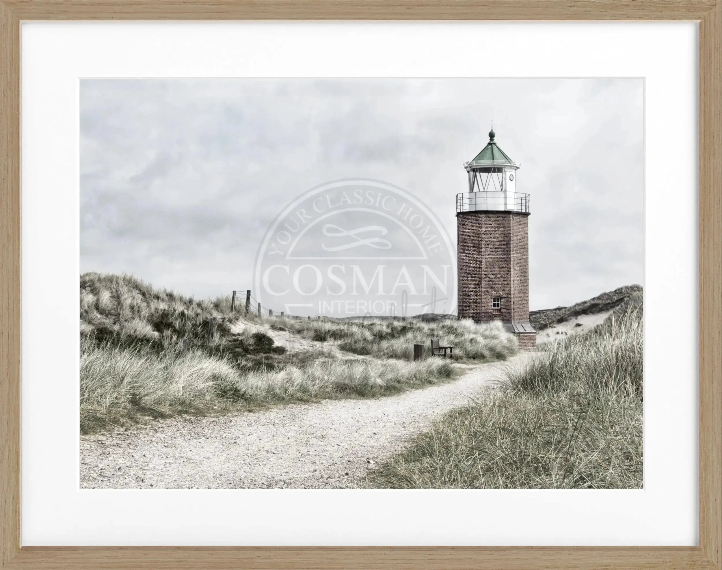 Schwarz-weiß Poster mit Rahmen, zeigt den Leuchtturm Sylt am Rotes Kliff, im Format 31x25 cm, von Cosman-Photocollection.