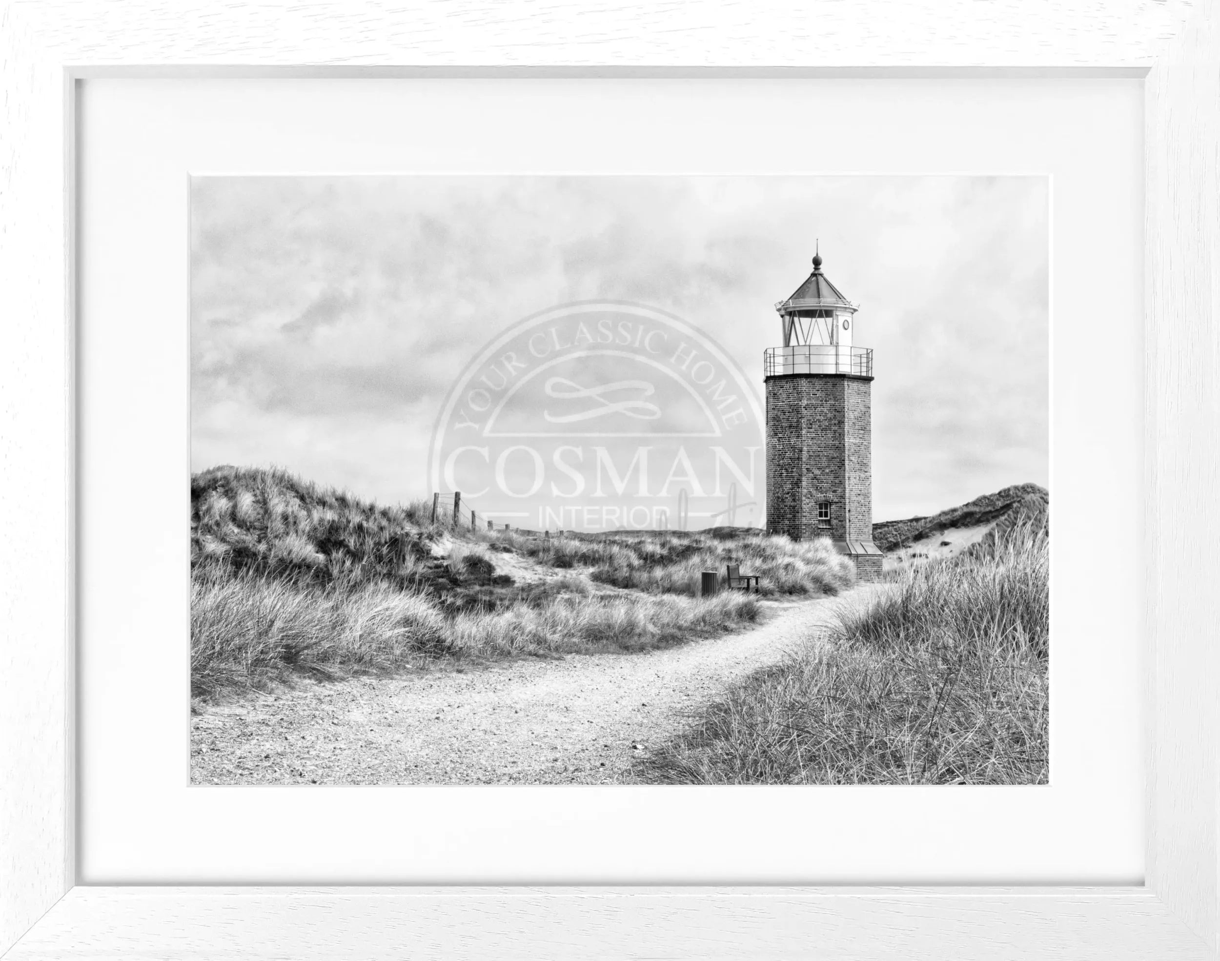 Schwarz-weiß Poster mit Rahmen, zeigt den Leuchtturm am Roten Kliff auf Sylt, von Cosman-Photocollection, 31x25 cm