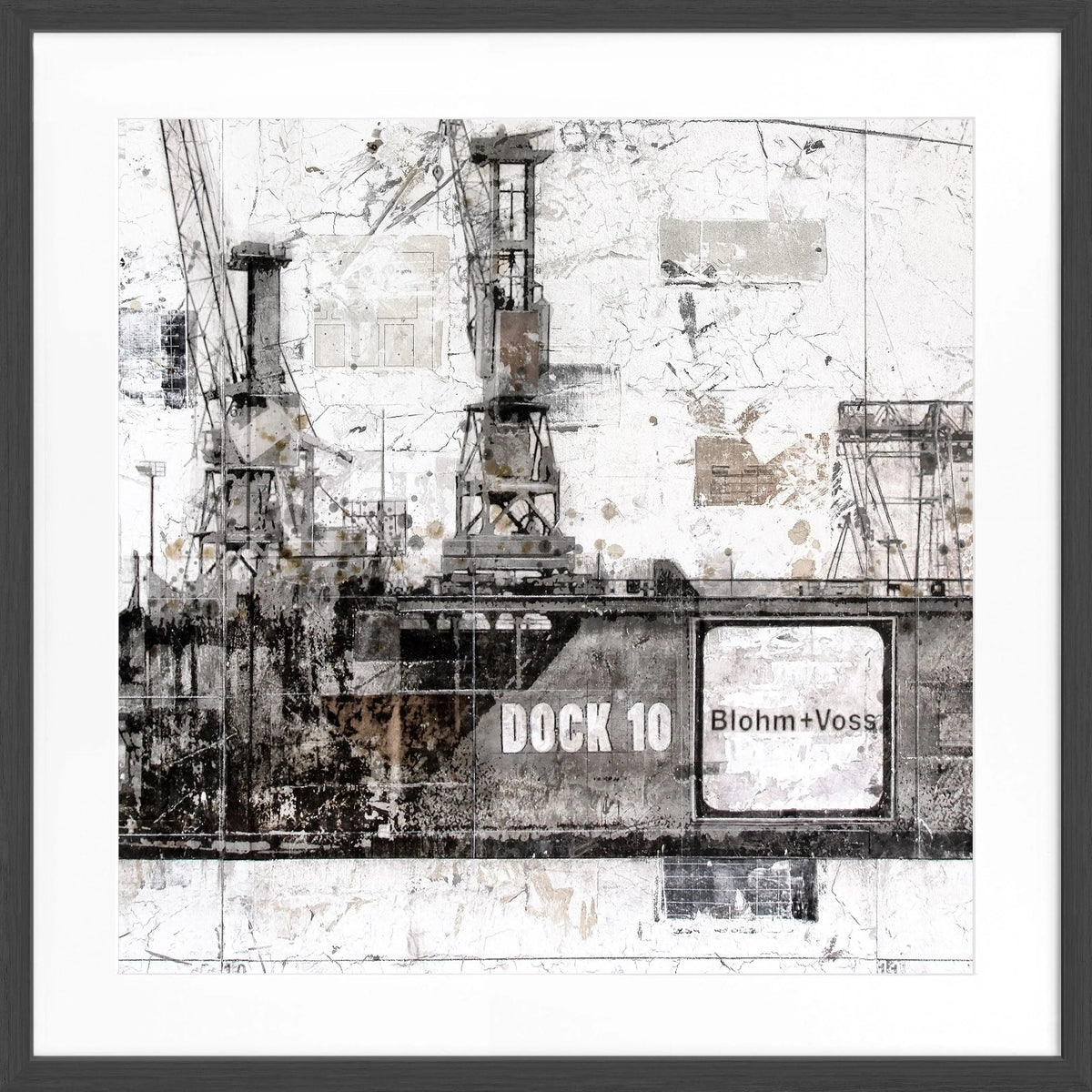 Schwarz-weißes Poster mit 55x55cm Rahmen, Hafen Hamburg Dock 10, von Cosman-Photocollection, maritime Stadtansicht