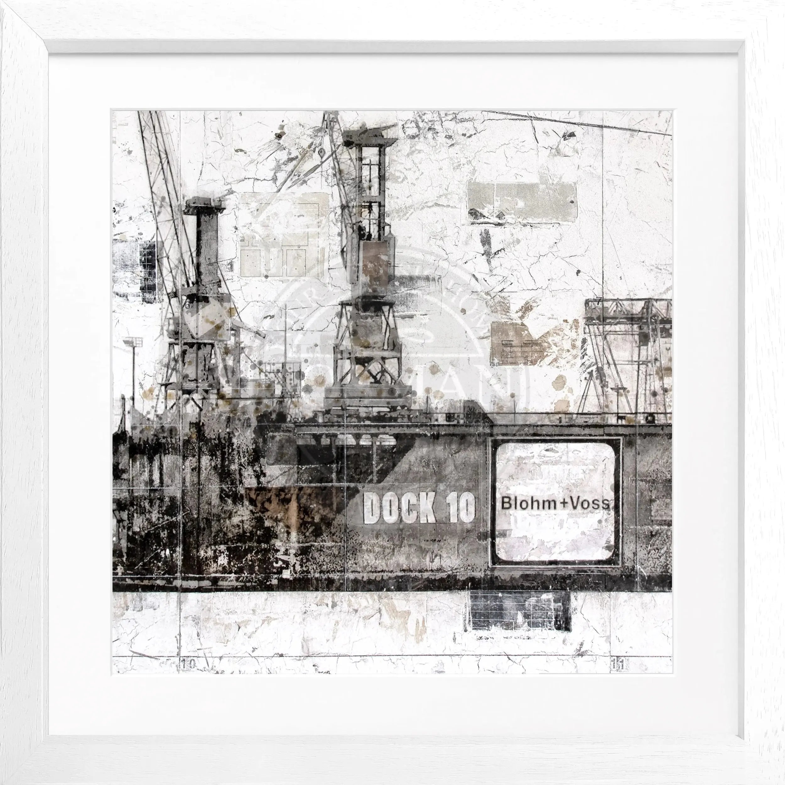 Schwarzes Poster mit Rahmen ’Dock 10’ Hafen Hamburg von Cosman-Photocollection, quadratisch 55x55cm, maritimes Stadtbild