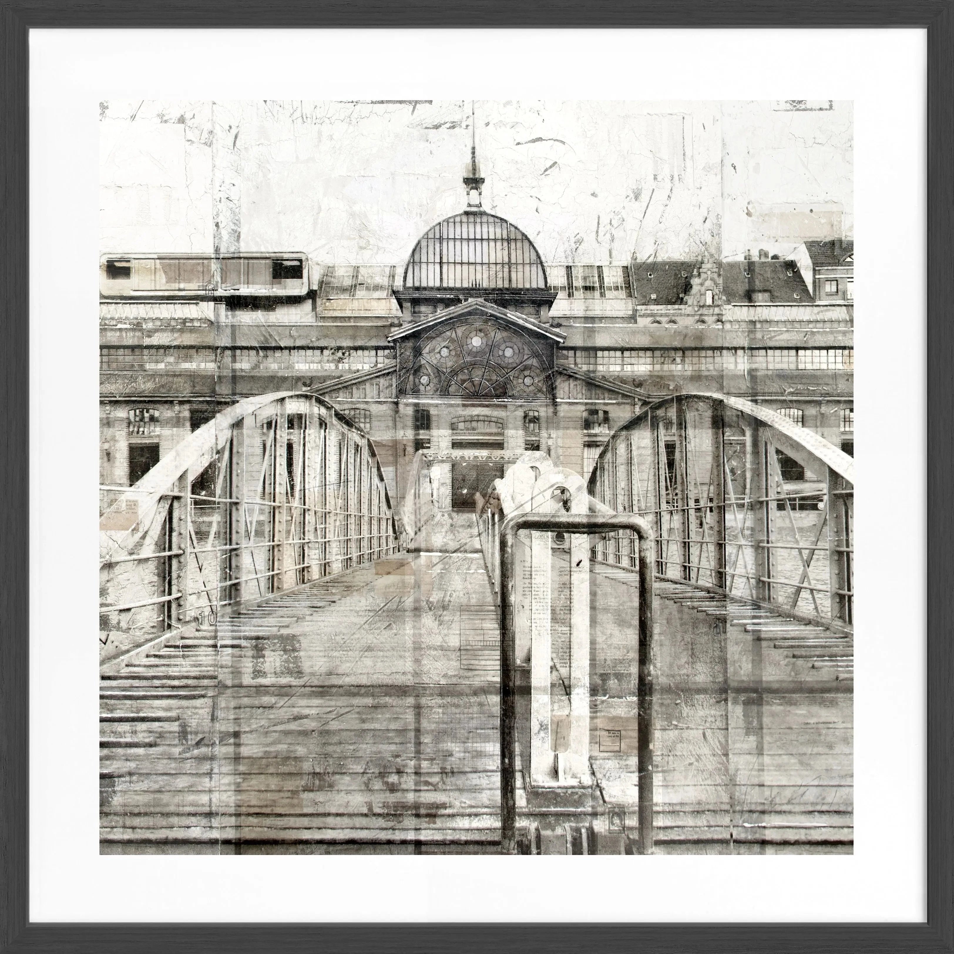 Schwarzweiß Poster mit Rahmen von Cosman-Photocollection, Hafen Hamburg, Fischauktionshalle, quadratisch 55x55cm, urbanes Hafenmotiv