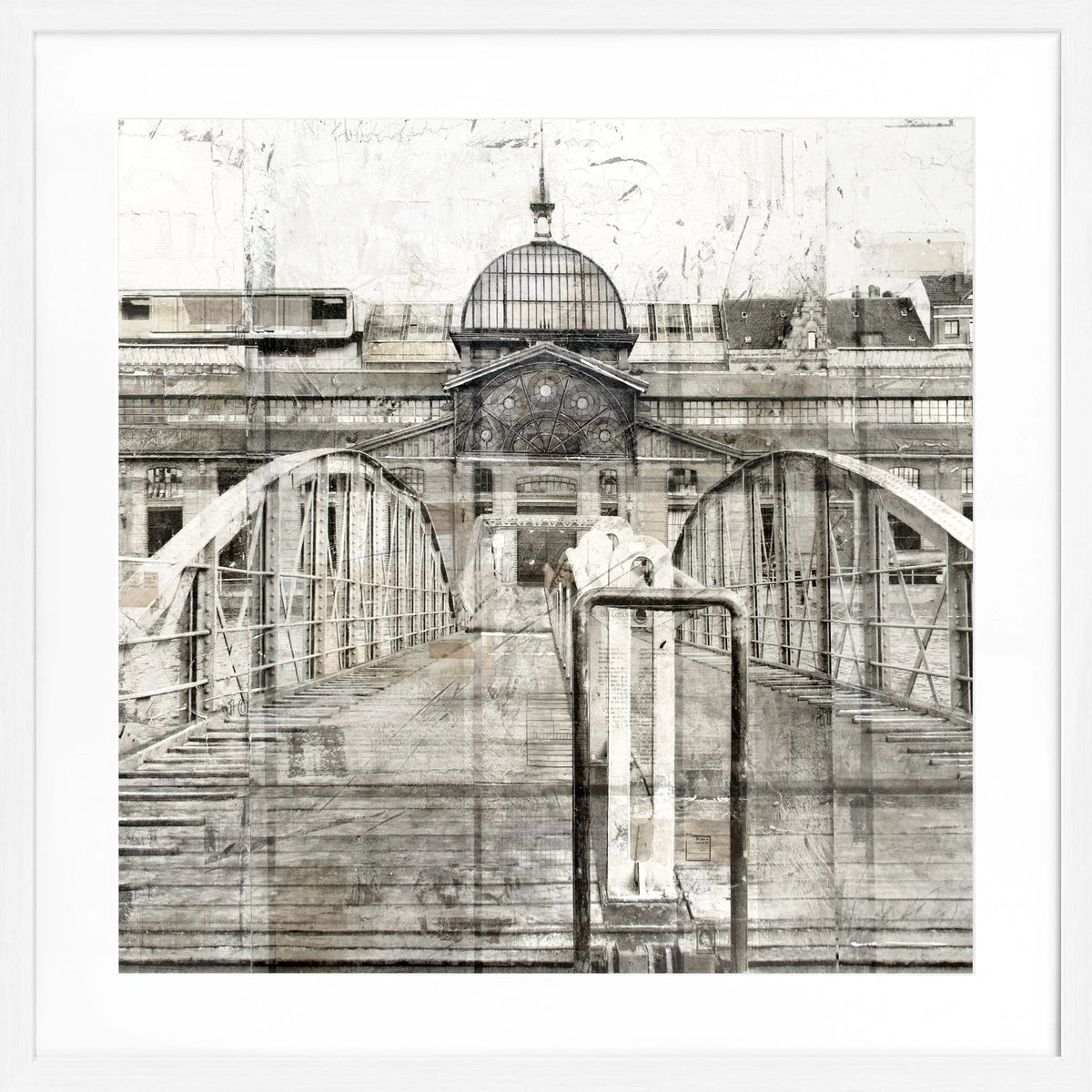 Schwarz-weißer Poster mit Rahmen von Cosman-Photocollection, Fischauktionshalle im Hamburger Hafen, quadratisch 55x55cm