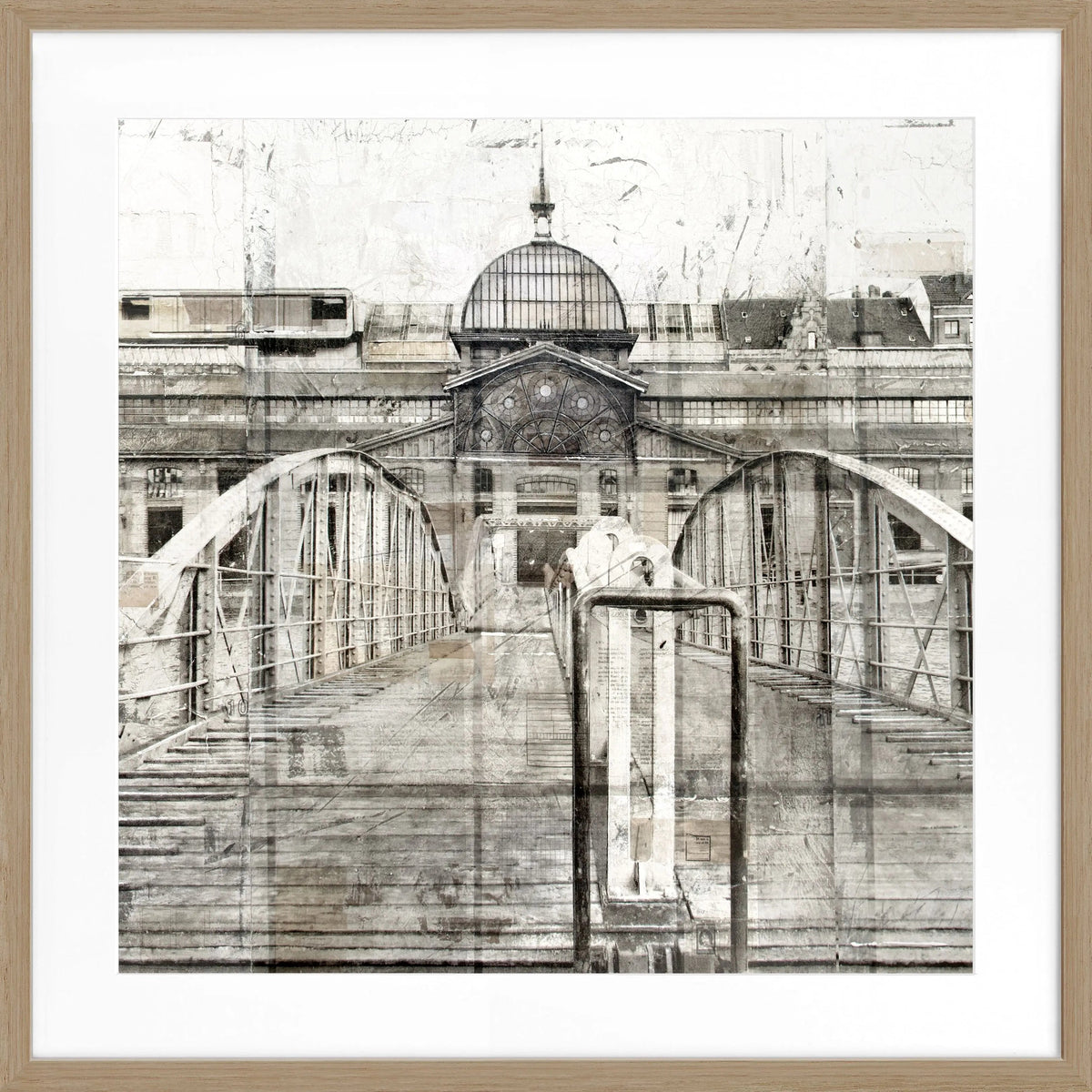 Schwarz-weiß Poster der Fischauktionshalle im Hamburger Hafen von Cosman-Photocollection, gerahmt, 55x55 cm.