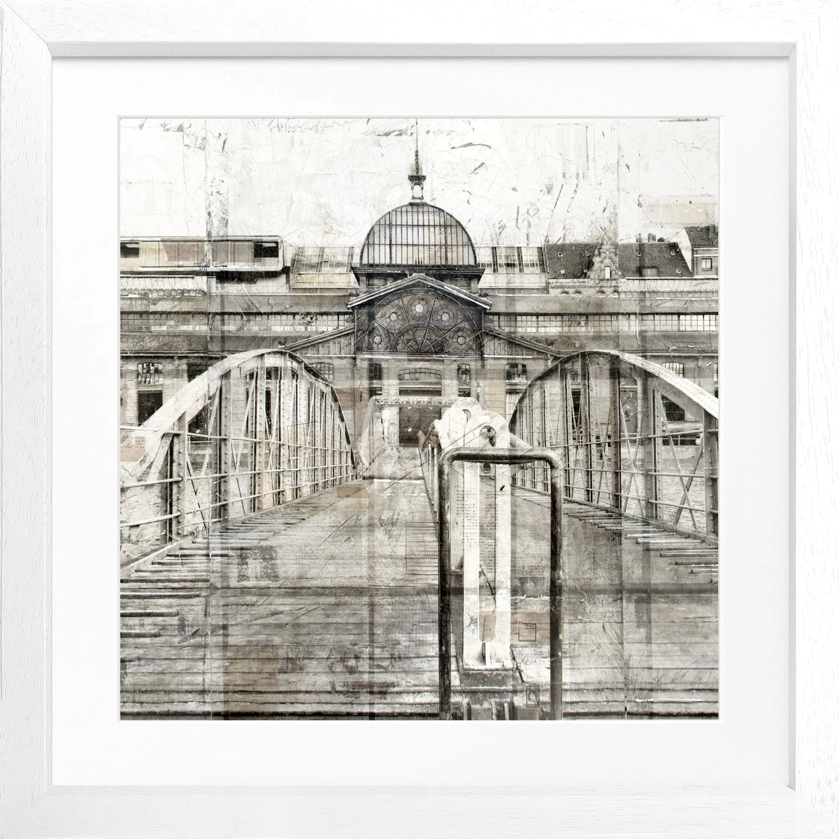 Schwarzes quadratisches Poster mit Rahmen, zeigt die Fischauktionshalle im Hamburger Hafen, von Cosman-Photocollection.