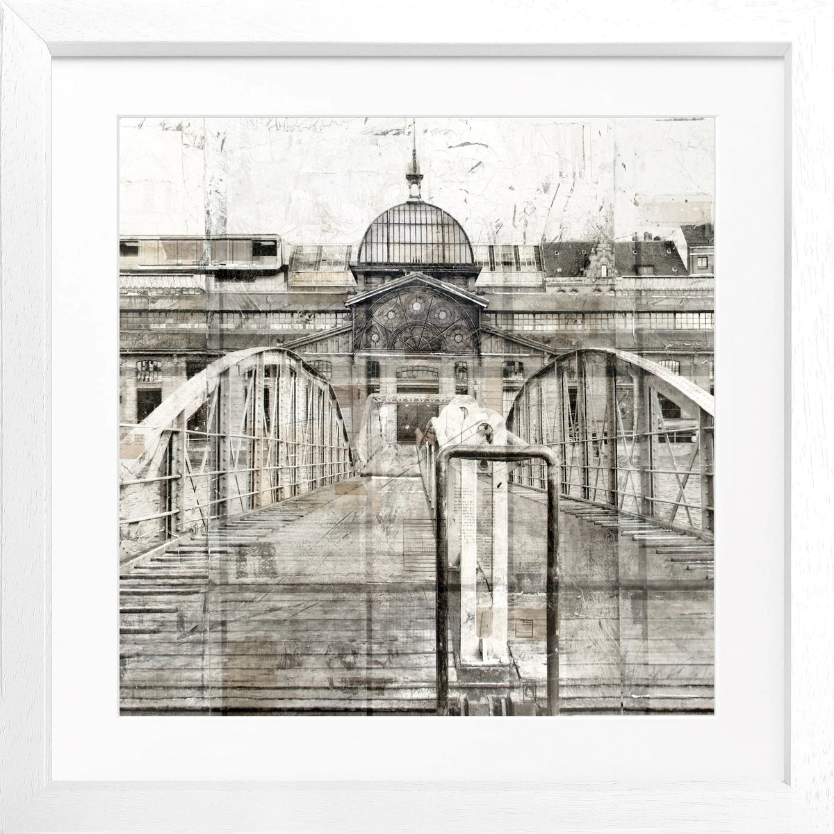 Schwarzes quadratisches Poster mit Rahmen, zeigt die Fischauktionshalle im Hamburger Hafen, von Cosman-Photocollection.