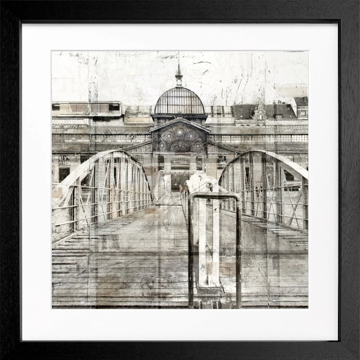 Schwarz-weiß Poster der Fischauktionshalle im Hamburger Hafen, im 55x55cm Rahmen, von Cosman-Photocollection.