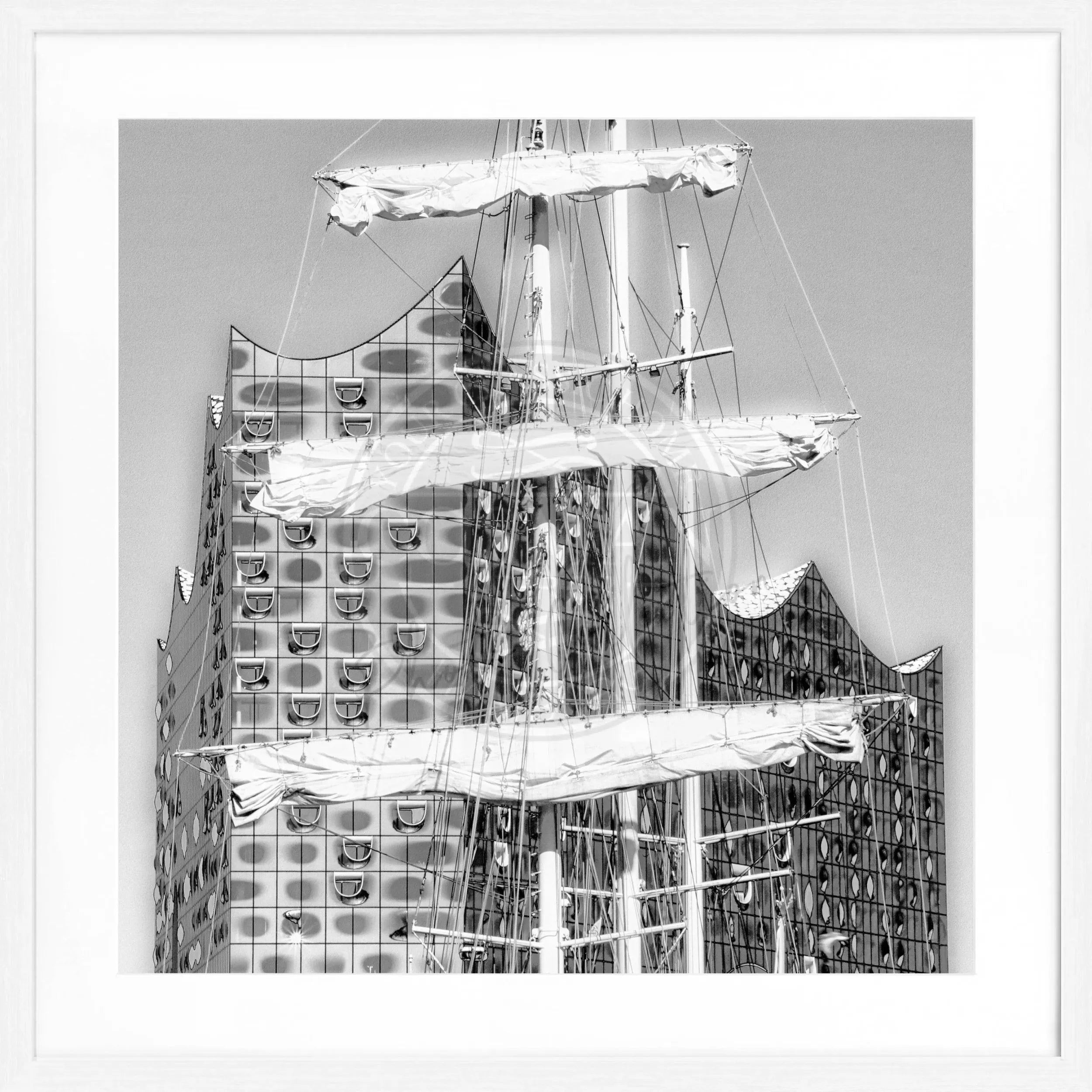 Schwarz-weiß Hamburg Hafen Poster mit Rahmen, 55x55cm, von Cosman-Photocollection, maritime Wanddekoration