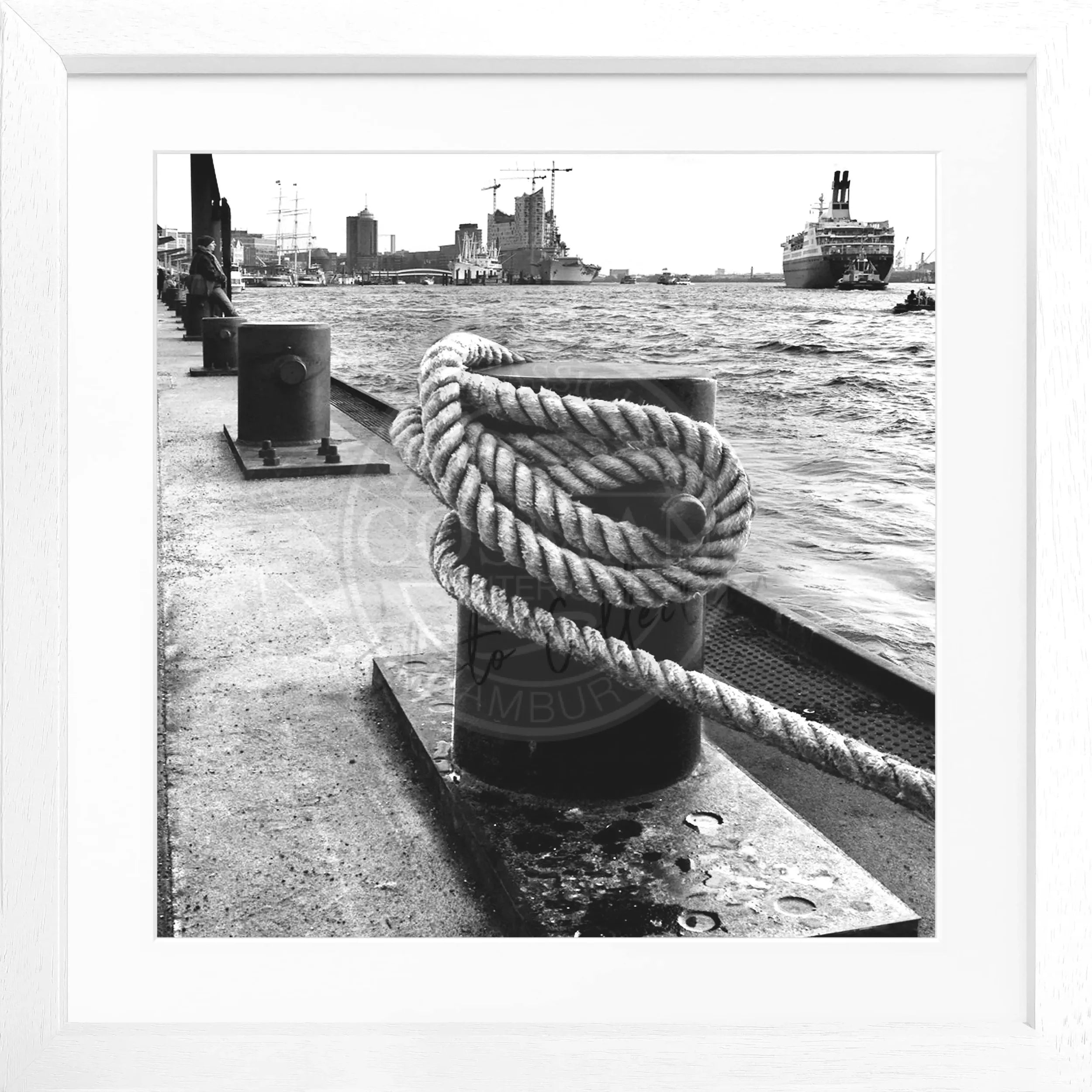 Schwarzweiß-Poster mit Rahmen, Hamburg Hafen Poller, Cosman-Photocollection, 55x55cm, maritime Stadtansicht