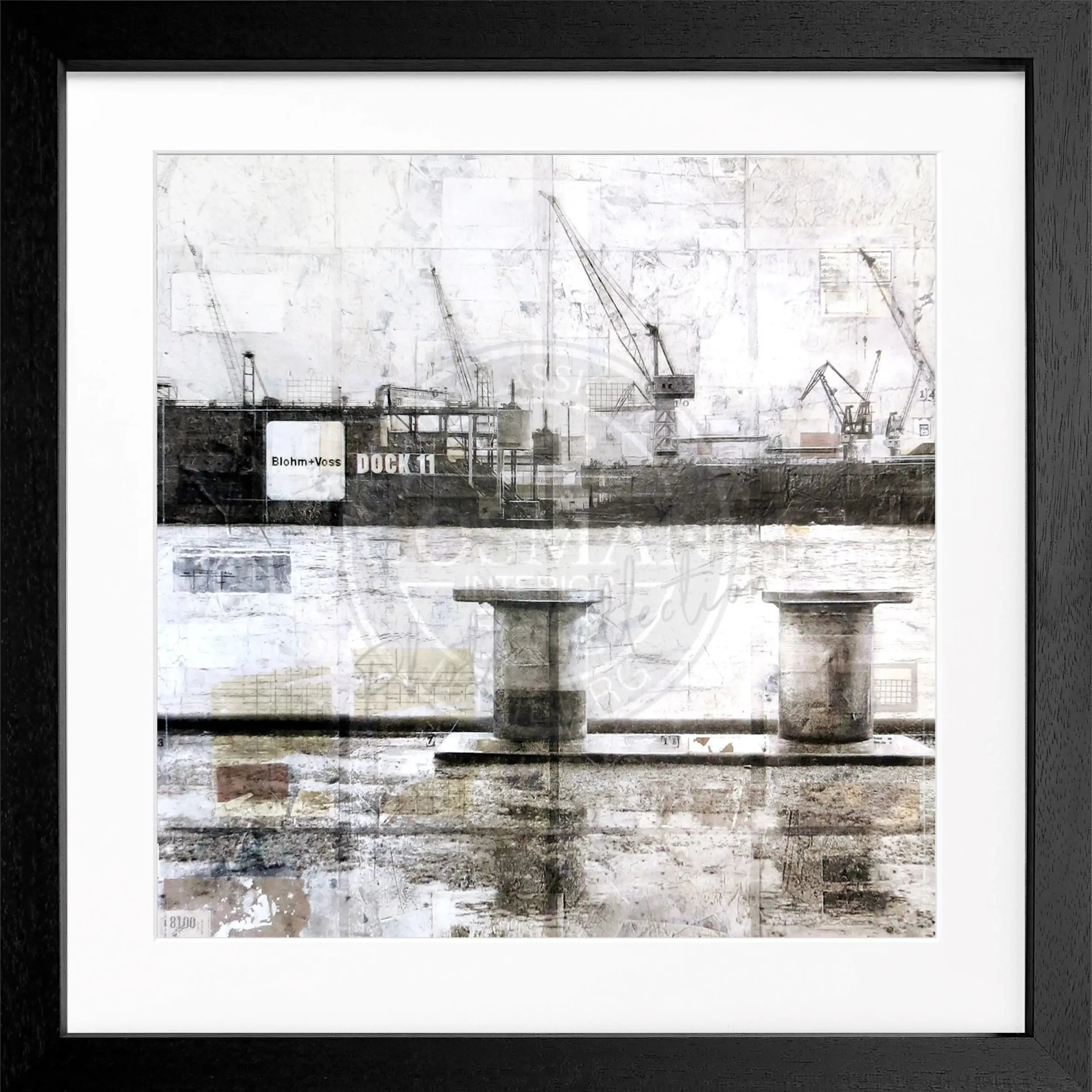 Schwarzweiß-Poster mit Rahmen, Hamburg Poller Hafen Motiv, 55x55 cm, von Cosman-Photocollection, maritime Stadtansicht