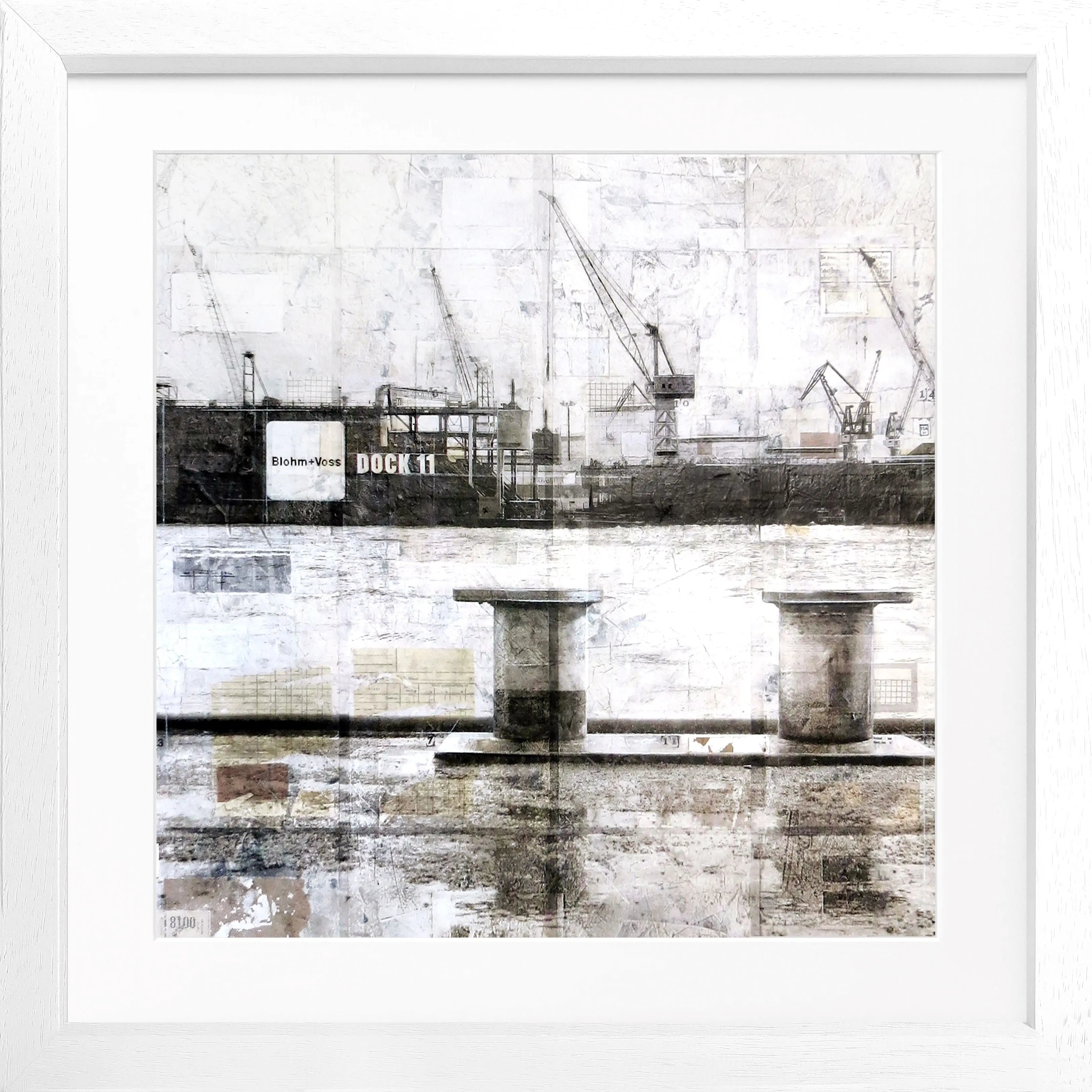 Schwarzer Rahmen um das Poster ’Poller Hafen’ Hamburg von Cosman-Photocollection, quadratisch, 55x55cm, stimmungsvoller Hafenblick