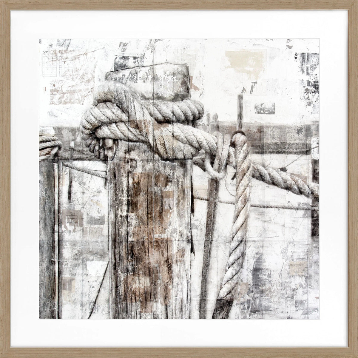 Schwarz-weißes Poster mit Rahmen 'Poller' Sylt von Cosman-Photocollection, quadratisch 55x55cm, blickt auf den Strand.