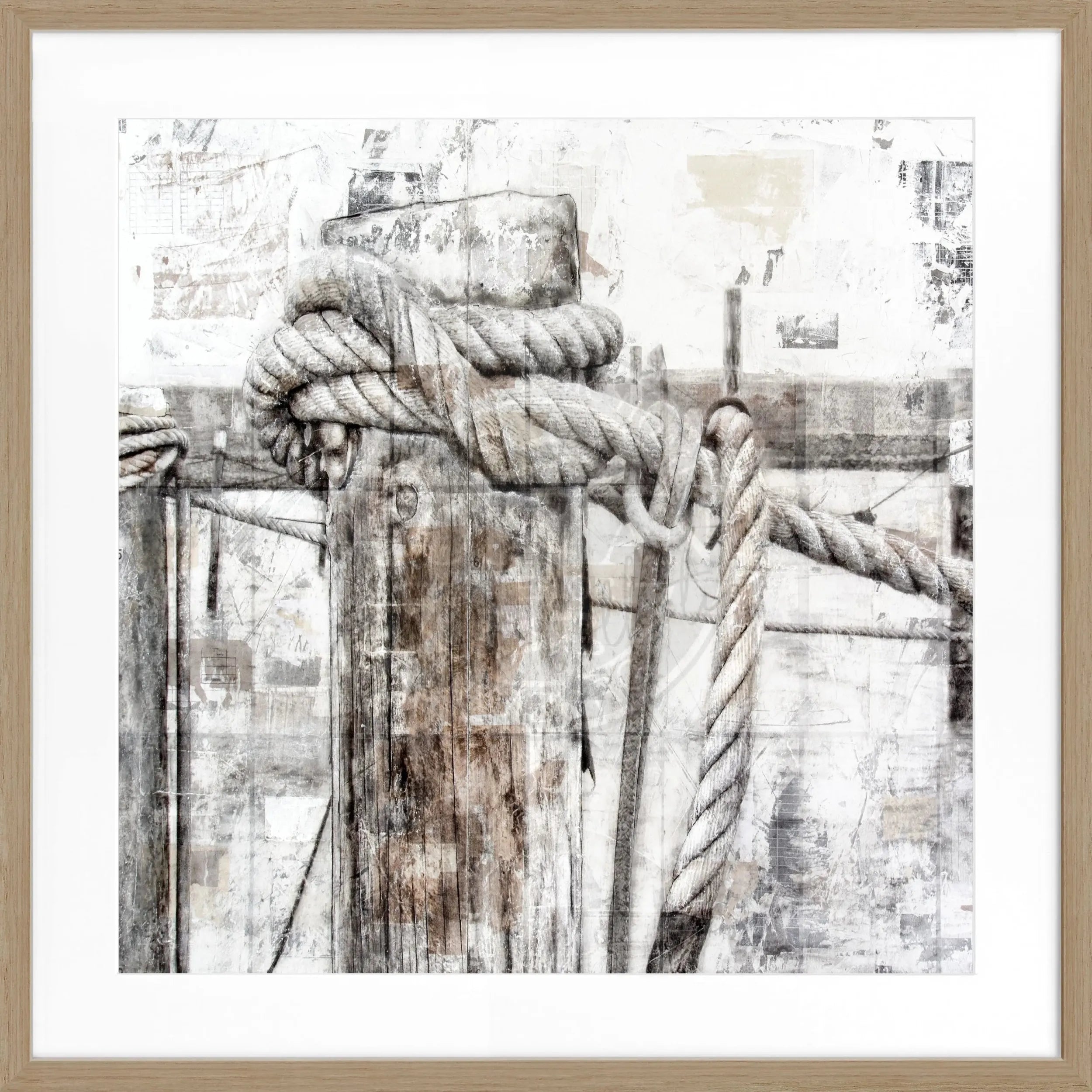 Schwarz-weißes Poster mit Rahmen 'Poller' Sylt von Cosman-Photocollection, quadratisch 55x55cm, blickt auf den Strand.