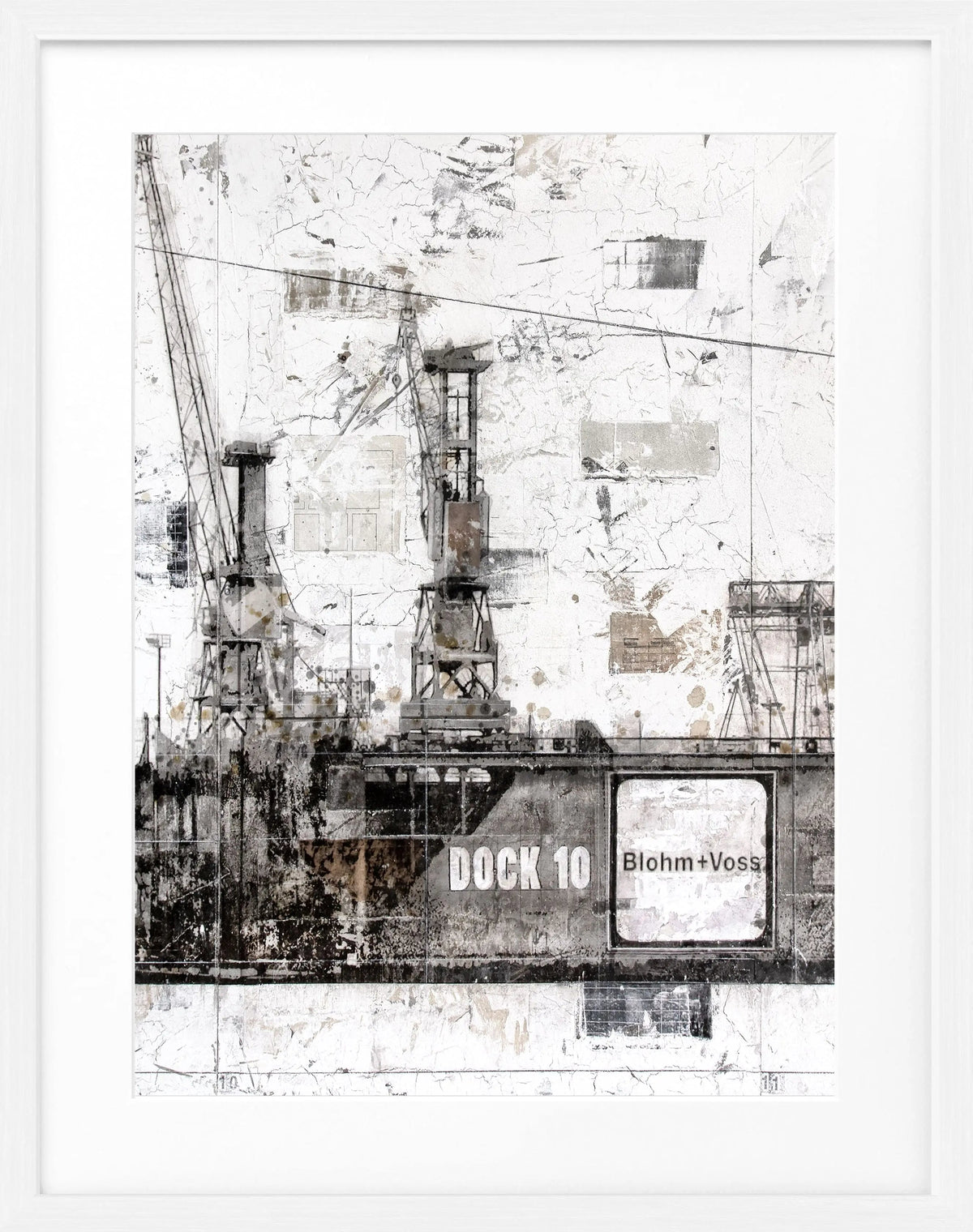 Schwarzweiß-Poster mit Rahmen, Hamburg Dock 10, von Cosman-Photocollection, abgebildet in 25x31 cm.