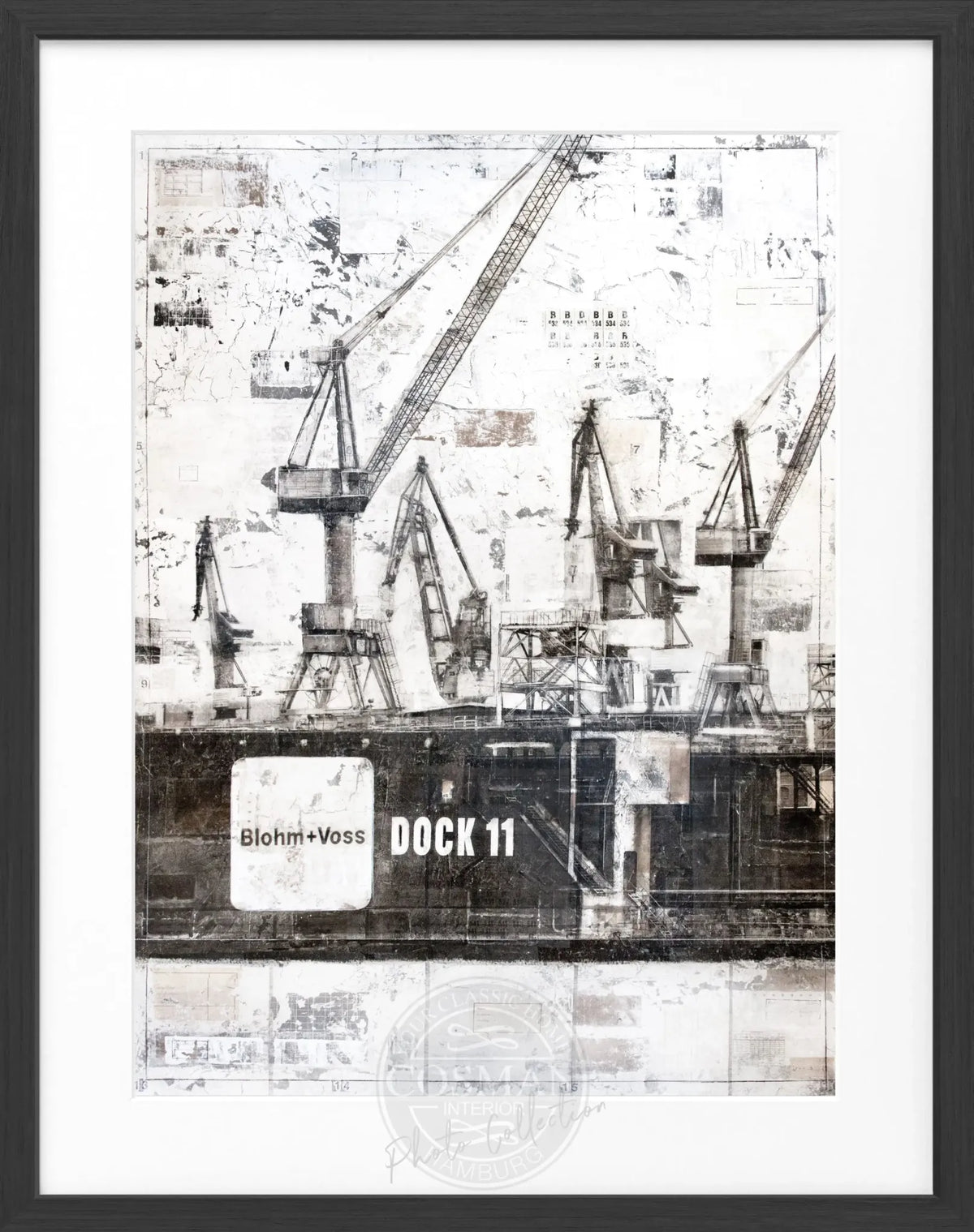Schwarz-weißes Poster mit Rahmen, Hamburg Dock 11 Motiv, von Cosman-Photocollection, 25x31 cm, Wanddekoration
