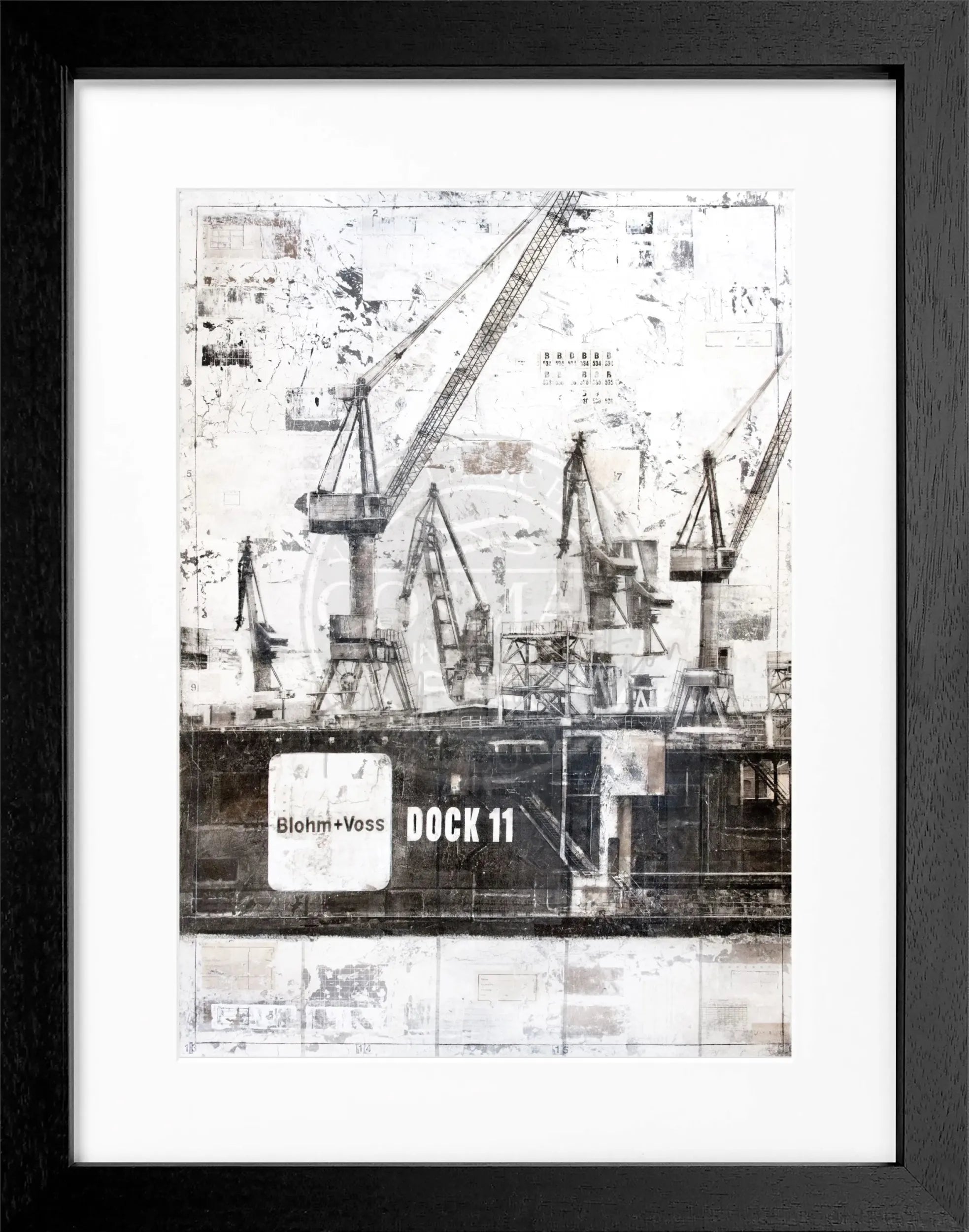 Schwarz-weiß Poster mit Rahmen von Hamburg Dock 11 GM77, 25x31cm, von Cosman-Photocollection, zeigt Hamburg Hafenansicht.