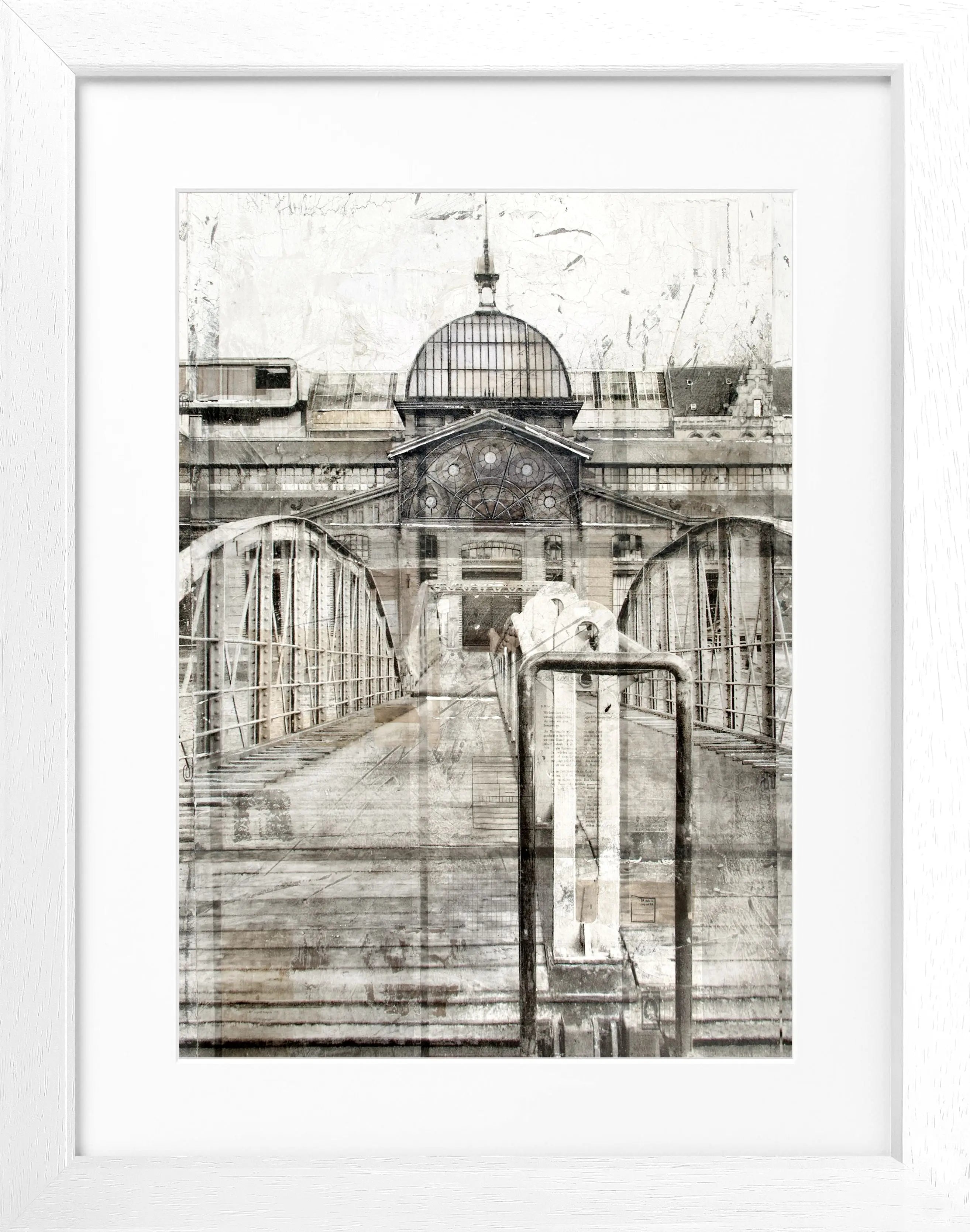 Schwarz-weißer Poster mit Rahmen, Hamburg Fischmarkt Motiv, von Cosman-Photocollection, 25x31 cm, Wanddekoration