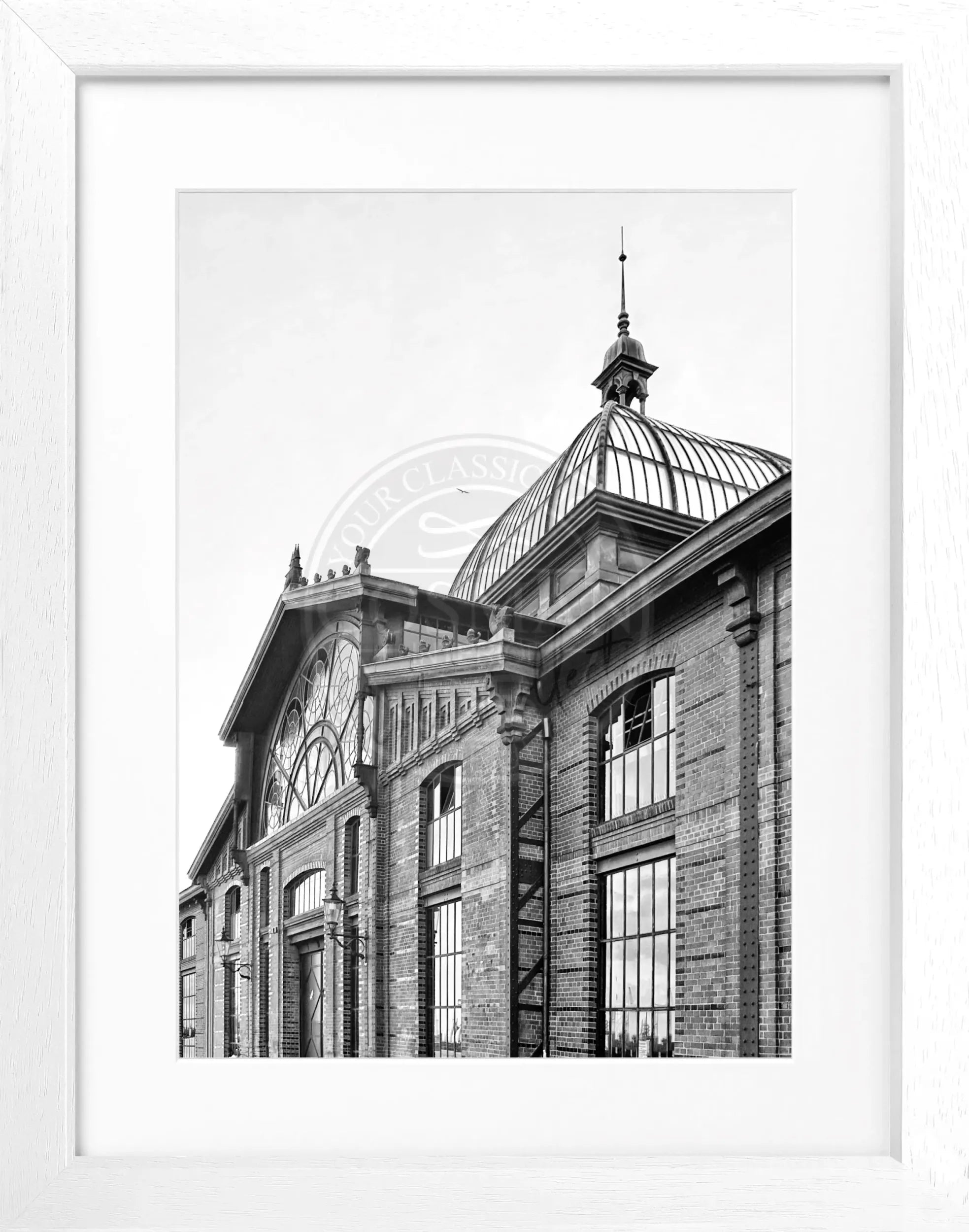 Schwarzweiß-Poster mit Rahmen, Hamburg Hafen Fischmarkt, Cosman-Photocollection, 25x31cm, maritimes Hafenbild