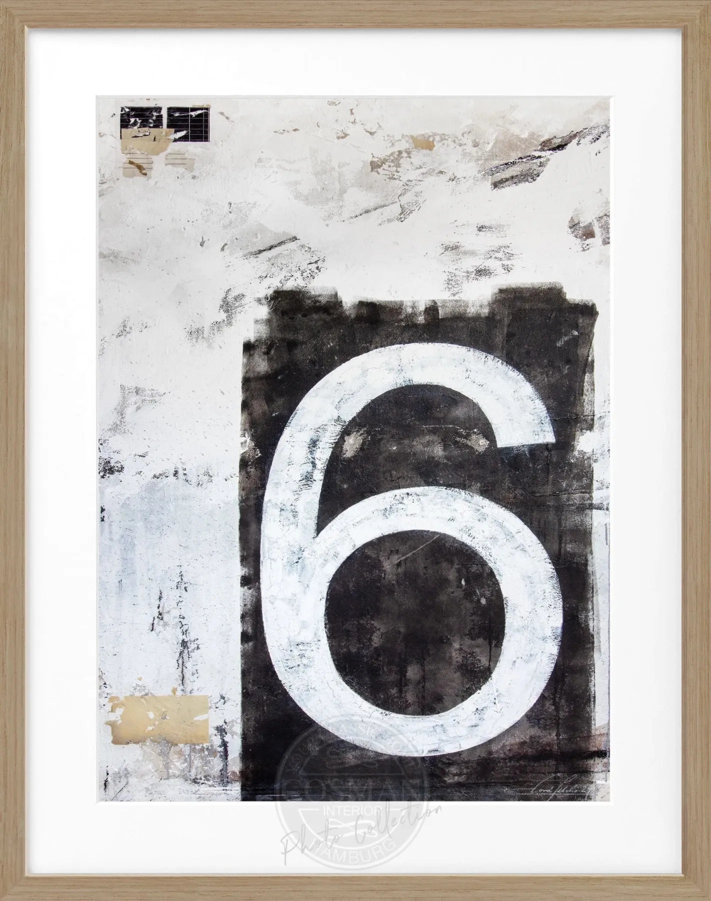Schwarzweißes Poster mit Rahmen, Kunstwerk 'Zahl sechs' von Cosman-Photocollection, 25x31 cm, modernes Wanddekor