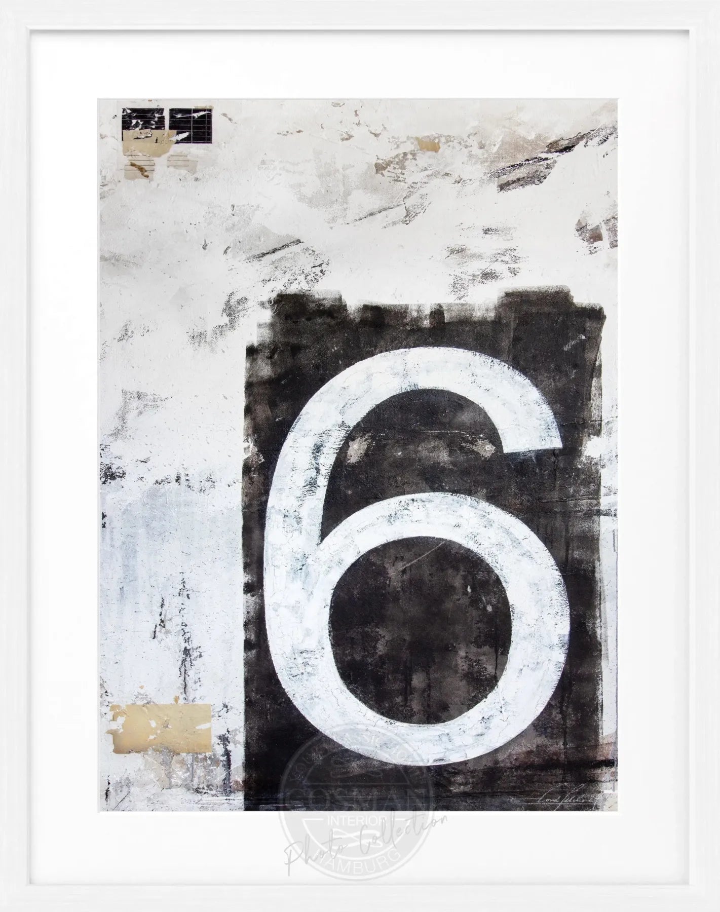 Schwarz gerahgtes Kunstposter mit Zahl sechs, von Cosman-Photocollection, Maße 25x31cm, modernes Wandbild für Kunstliebhaber