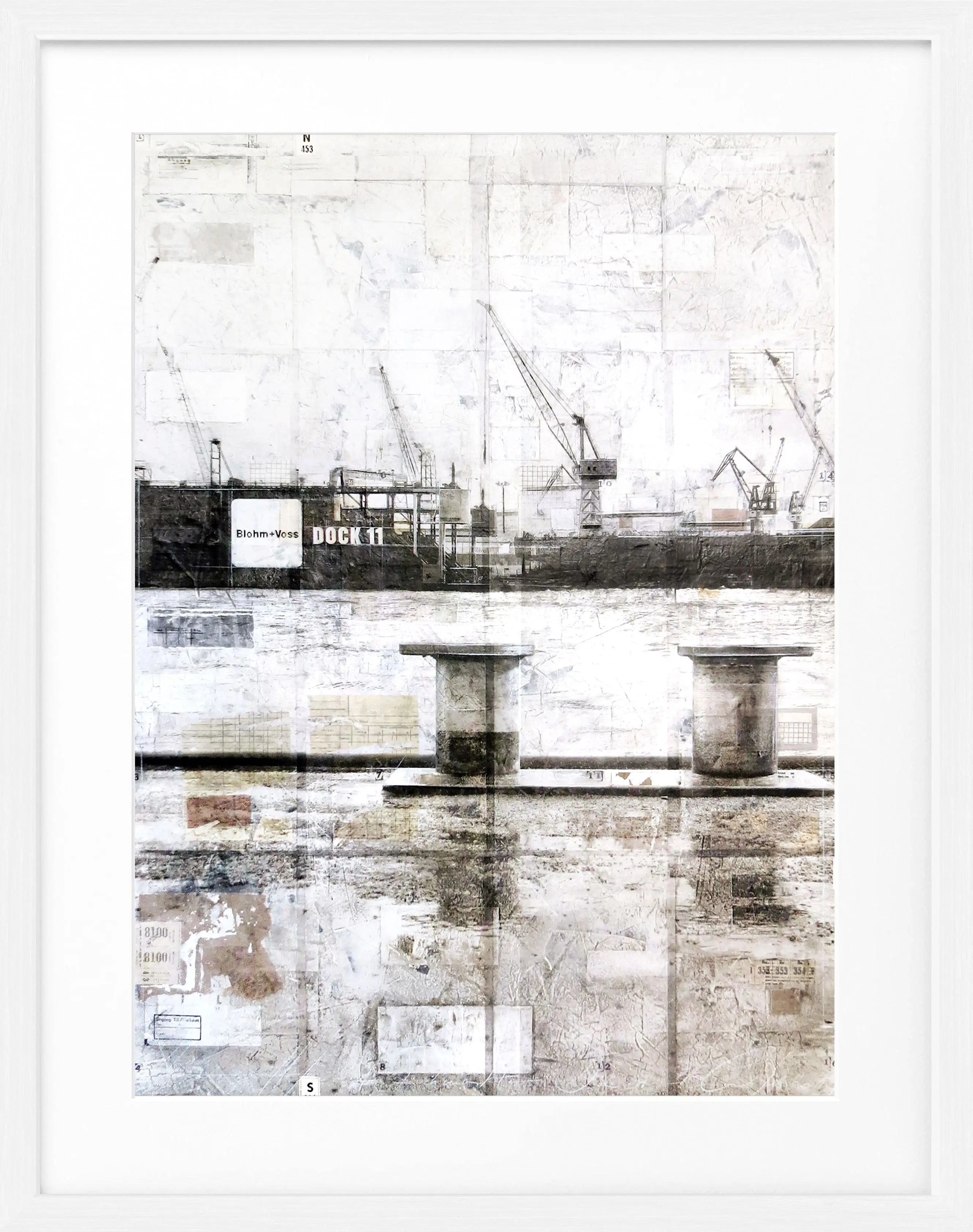 Schwarz-weißes Poster mit Rahmen, Poller im Hamburger Hafen, von Cosman-Photocollection, Maße 25x31 cm.