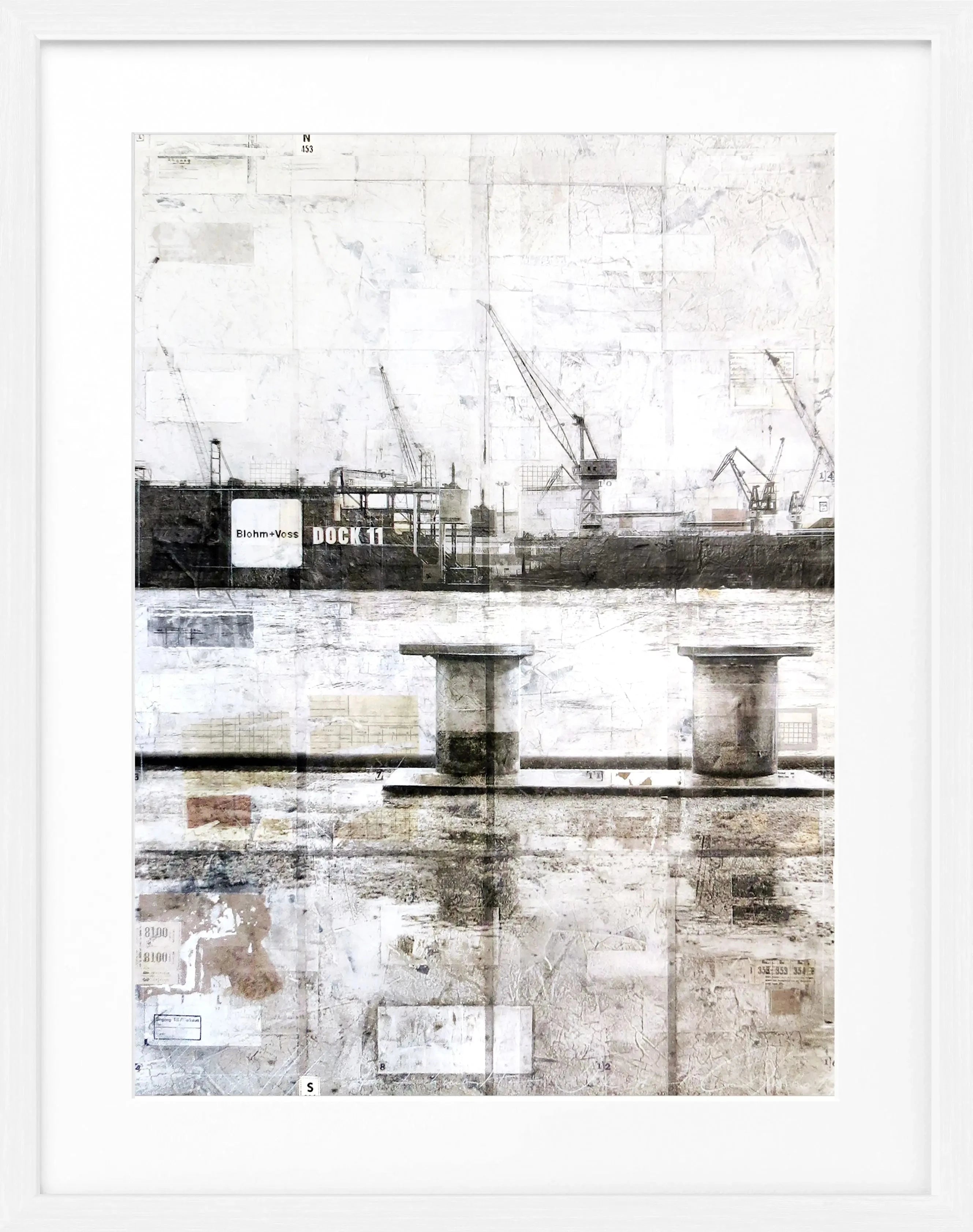 Schwarz-weißes Poster mit Rahmen, Poller im Hamburger Hafen, von Cosman-Photocollection, Maße 25x31 cm.